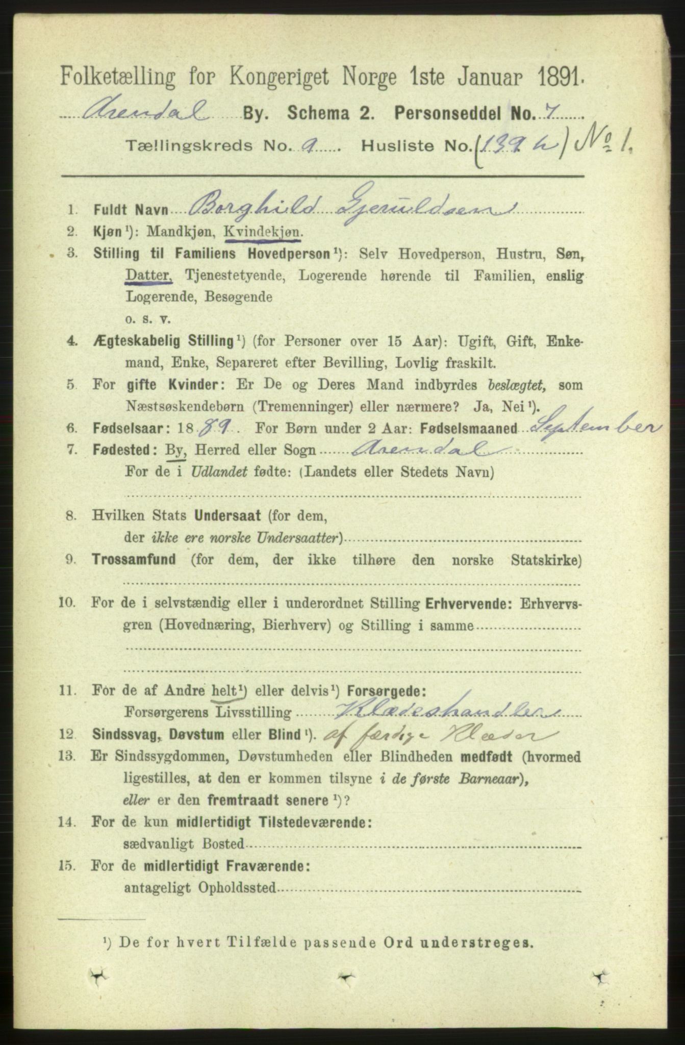 RA, 1891 census for 0903 Arendal, 1891, p. 3226