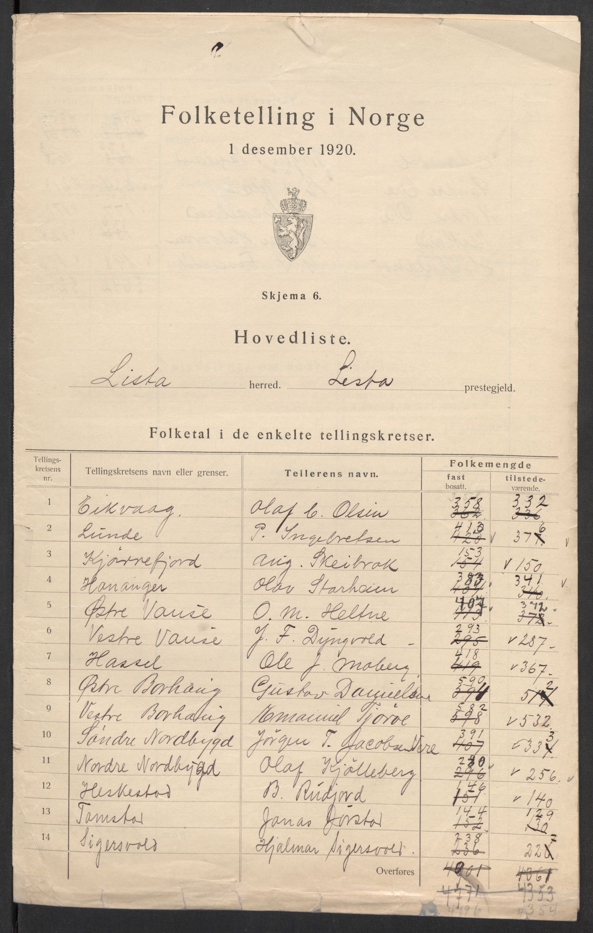 SAK, 1920 census for Lista, 1920, p. 3