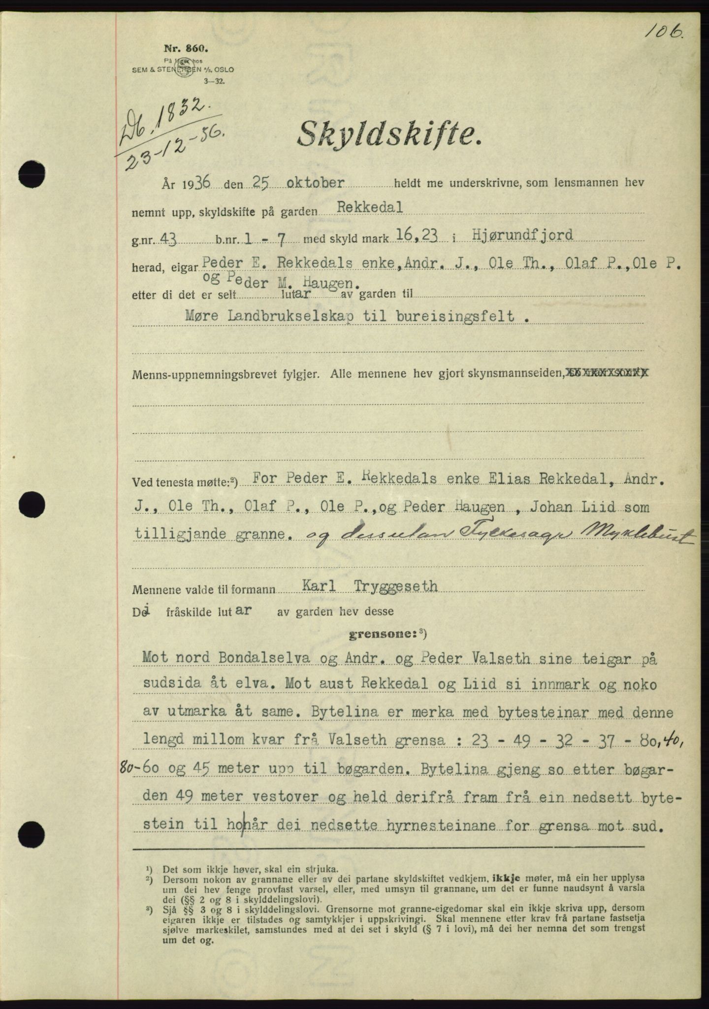 Søre Sunnmøre sorenskriveri, SAT/A-4122/1/2/2C/L0062: Mortgage book no. 56, 1936-1937, Diary no: : 1832/1936