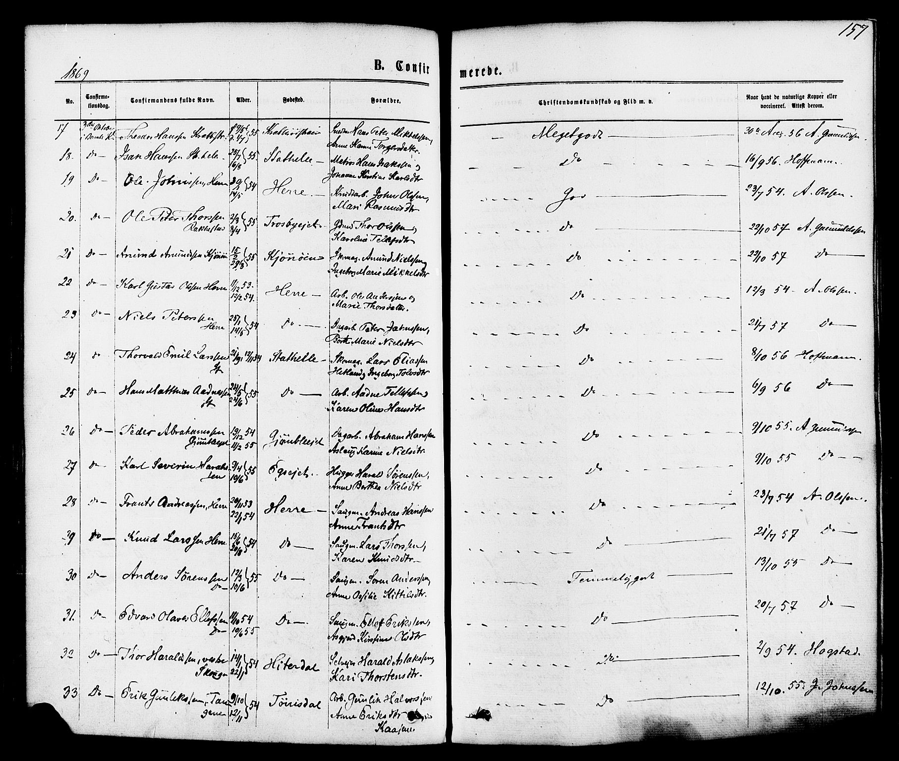 Bamble kirkebøker, AV/SAKO-A-253/F/Fa/L0006: Parish register (official) no. I 6, 1869-1877, p. 157