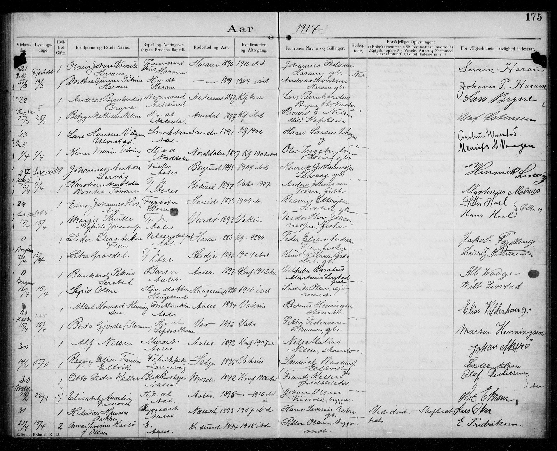 Ministerialprotokoller, klokkerbøker og fødselsregistre - Møre og Romsdal, AV/SAT-A-1454/529/L0458: Banns register no. 529A08, 1901-1918, p. 175