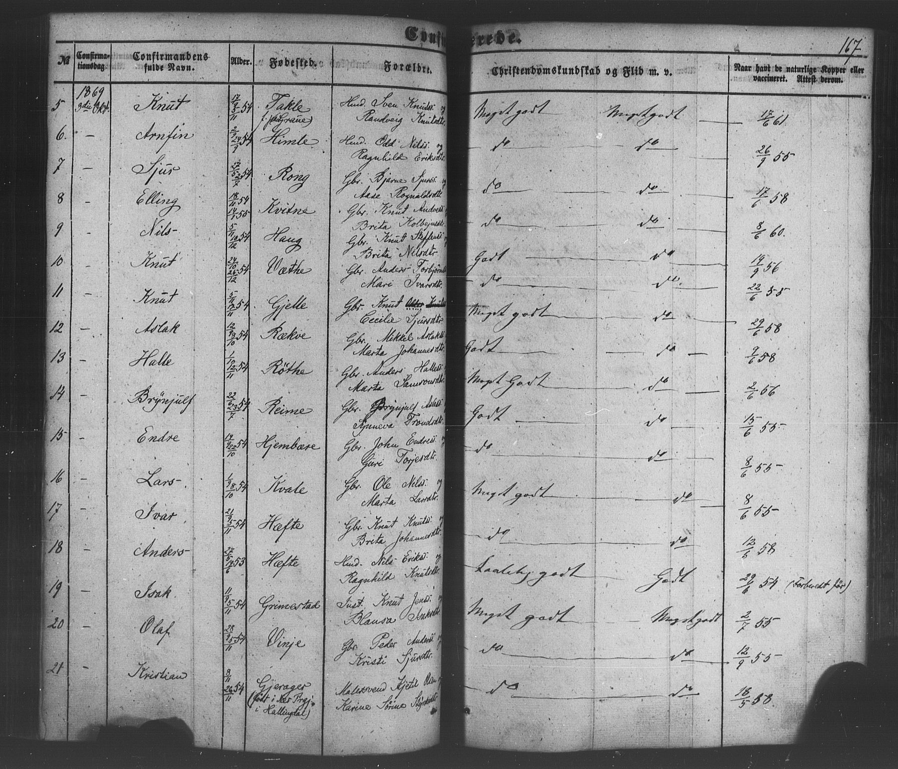Voss sokneprestembete, SAB/A-79001/H/Haa: Parish register (official) no. A 18, 1848-1876, p. 167