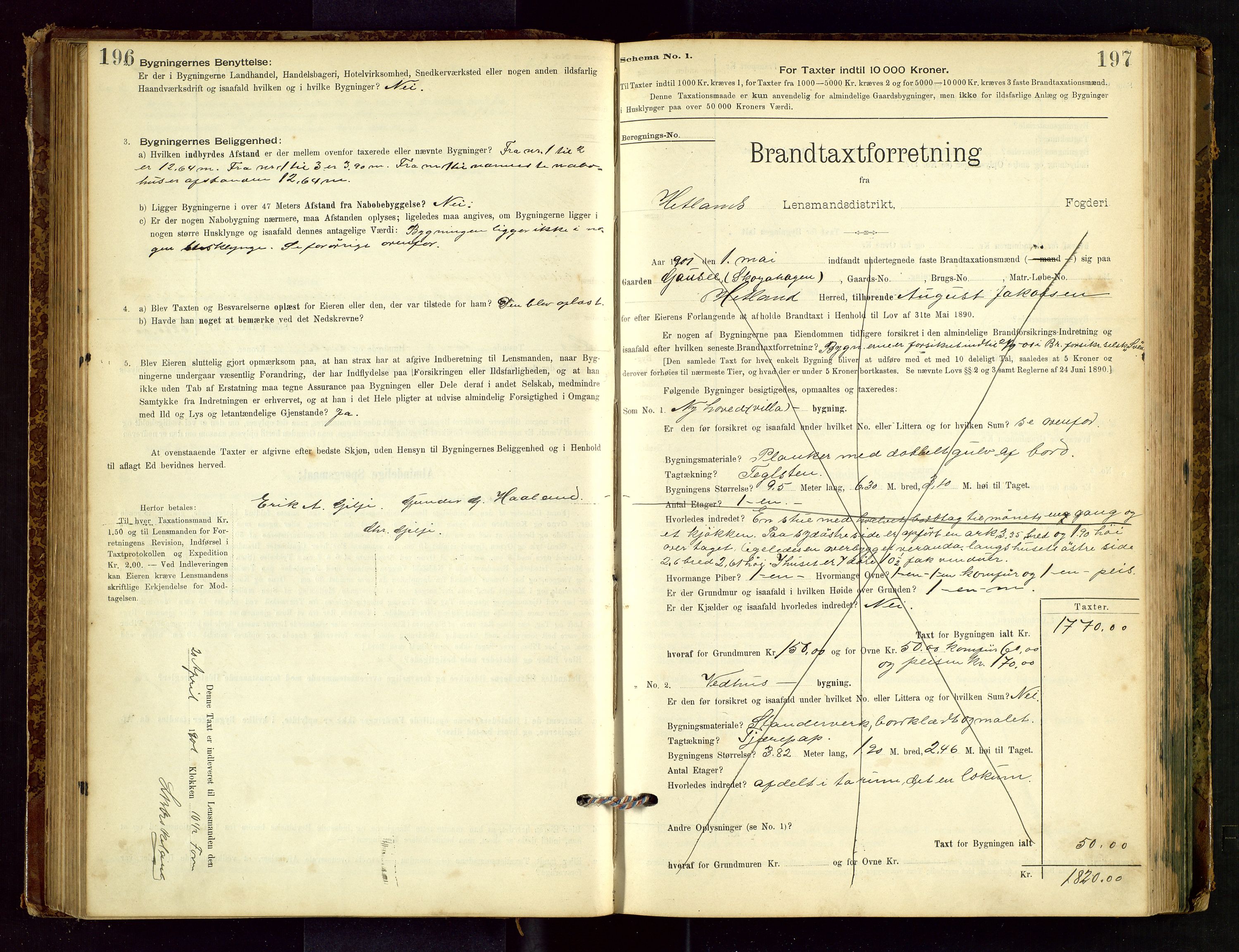 Hetland lensmannskontor, SAST/A-100101/Gob/L0001: "Brandtaxationsprotokol", 1895-1918, p. 196-197