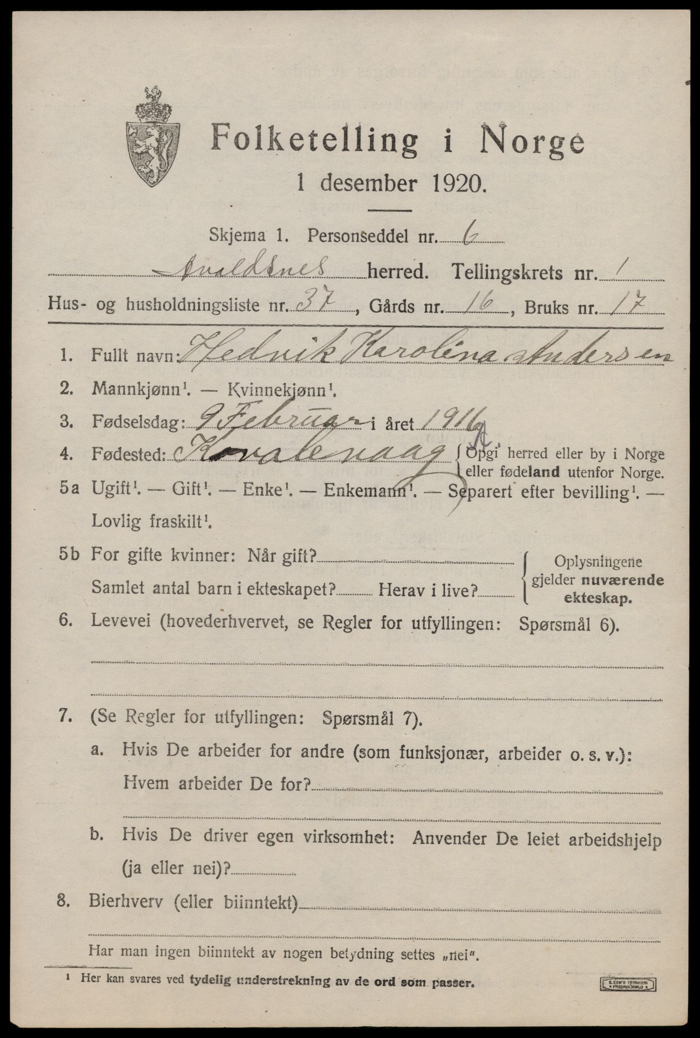 SAST, 1920 census for Avaldsnes, 1920, p. 1819