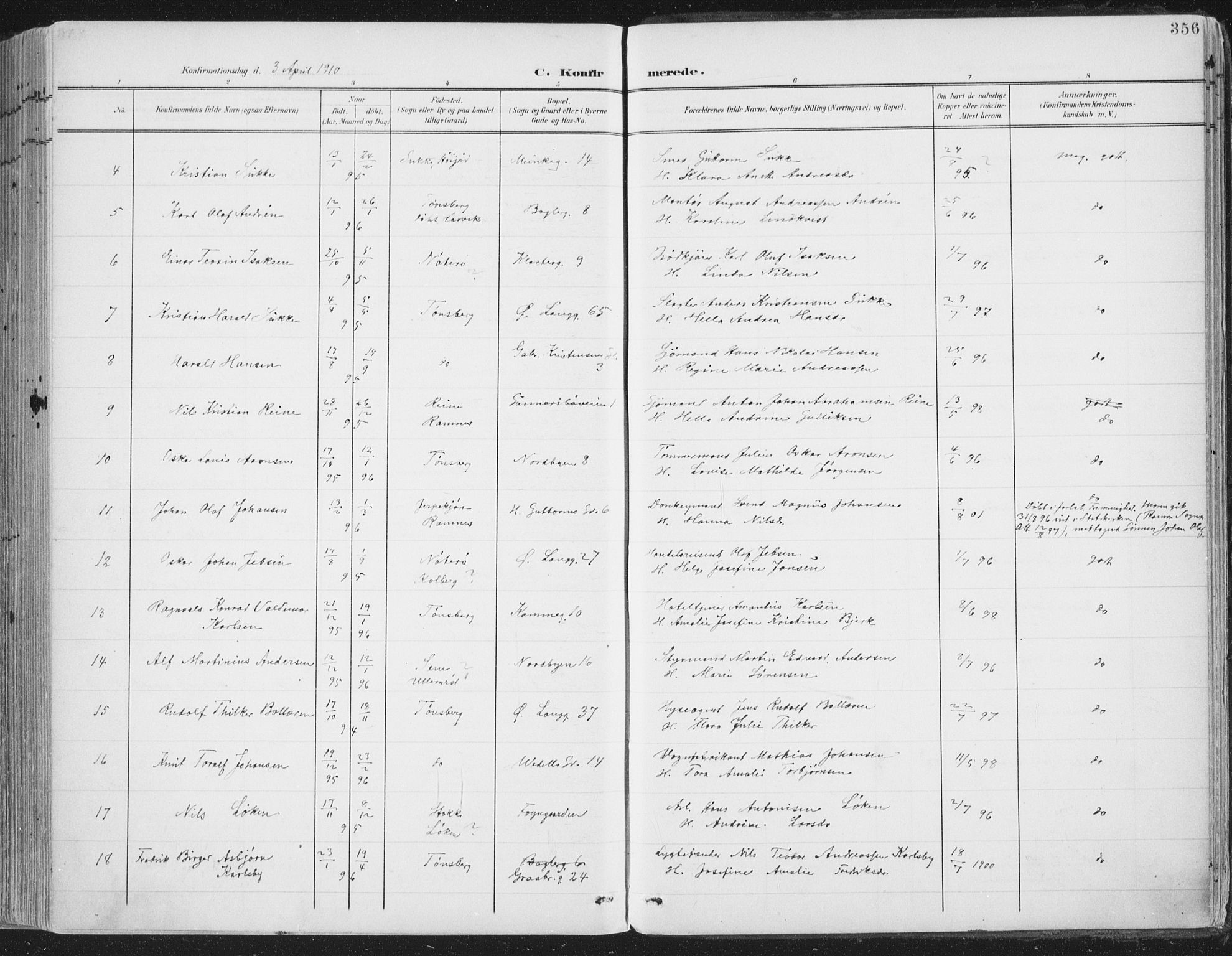 Tønsberg kirkebøker, AV/SAKO-A-330/F/Fa/L0014: Parish register (official) no. I 14, 1900-1913, p. 356