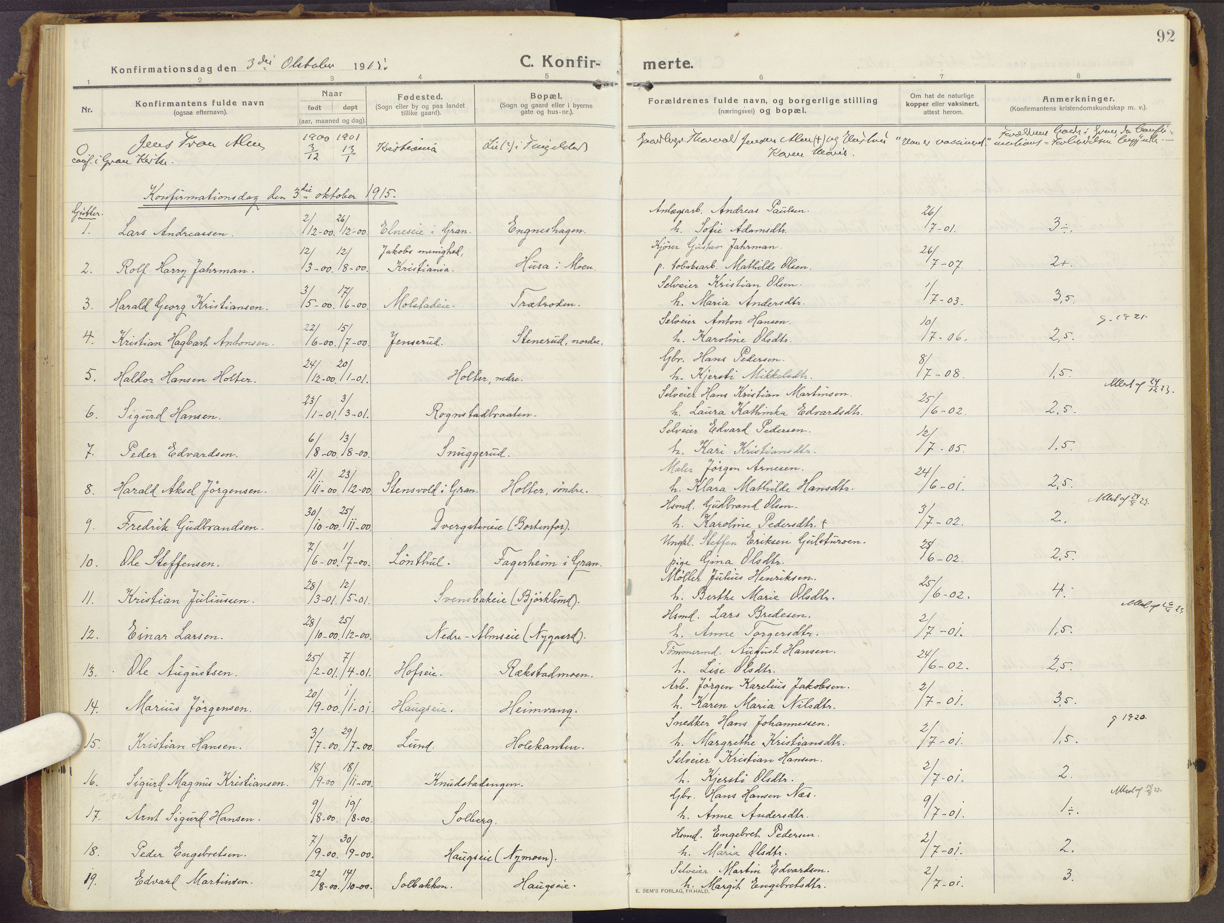 Brandbu prestekontor, SAH/PREST-114/H/Ha/Haa/L0003: Parish register (official) no. 3, 1914-1928, p. 92