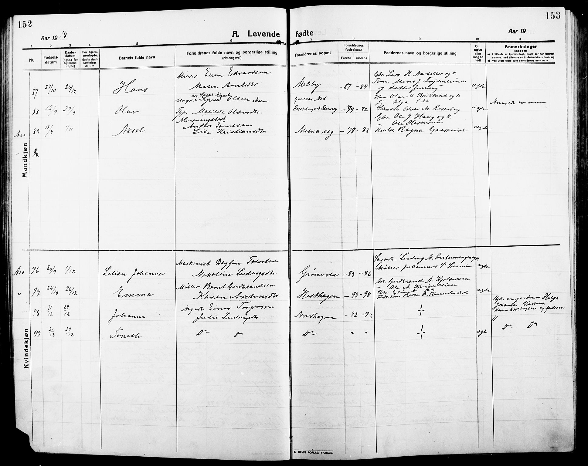 Ringsaker prestekontor, AV/SAH-PREST-014/L/La/L0018: Parish register (copy) no. 18, 1913-1922, p. 152-153