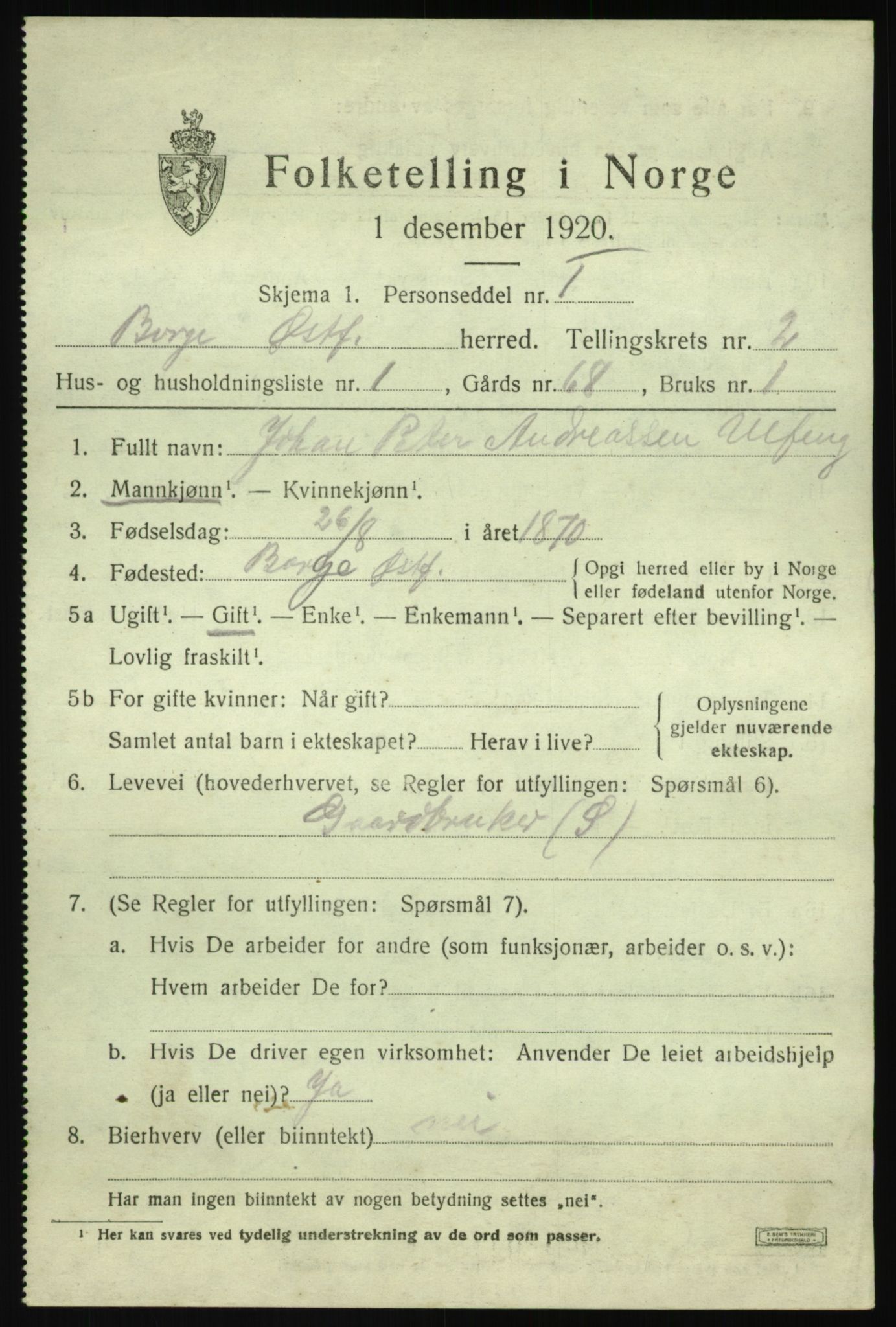 SAO, 1920 census for Borge, 1920, p. 3009