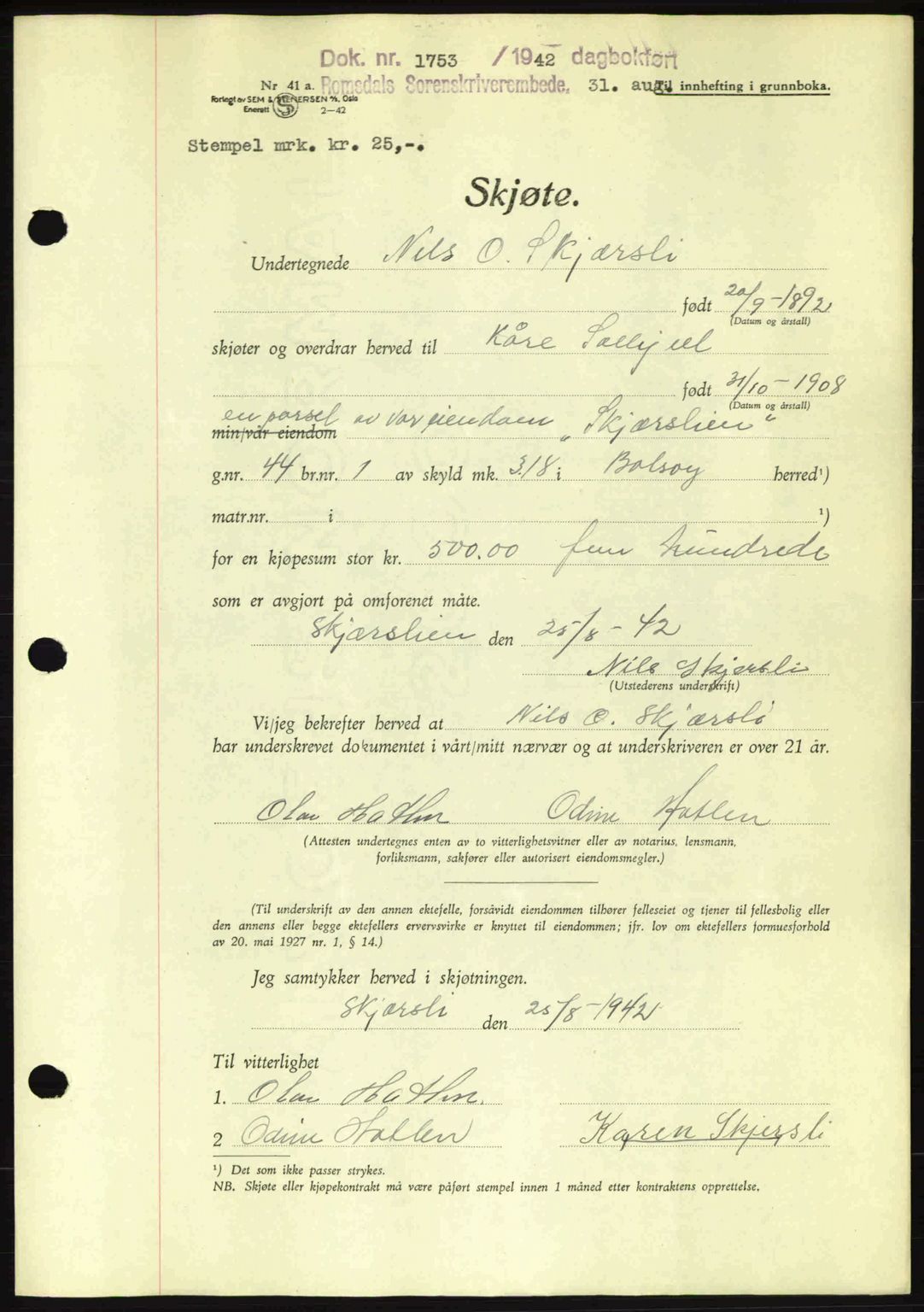 Romsdal sorenskriveri, AV/SAT-A-4149/1/2/2C: Mortgage book no. A12, 1942-1942, Diary no: : 1753/1942