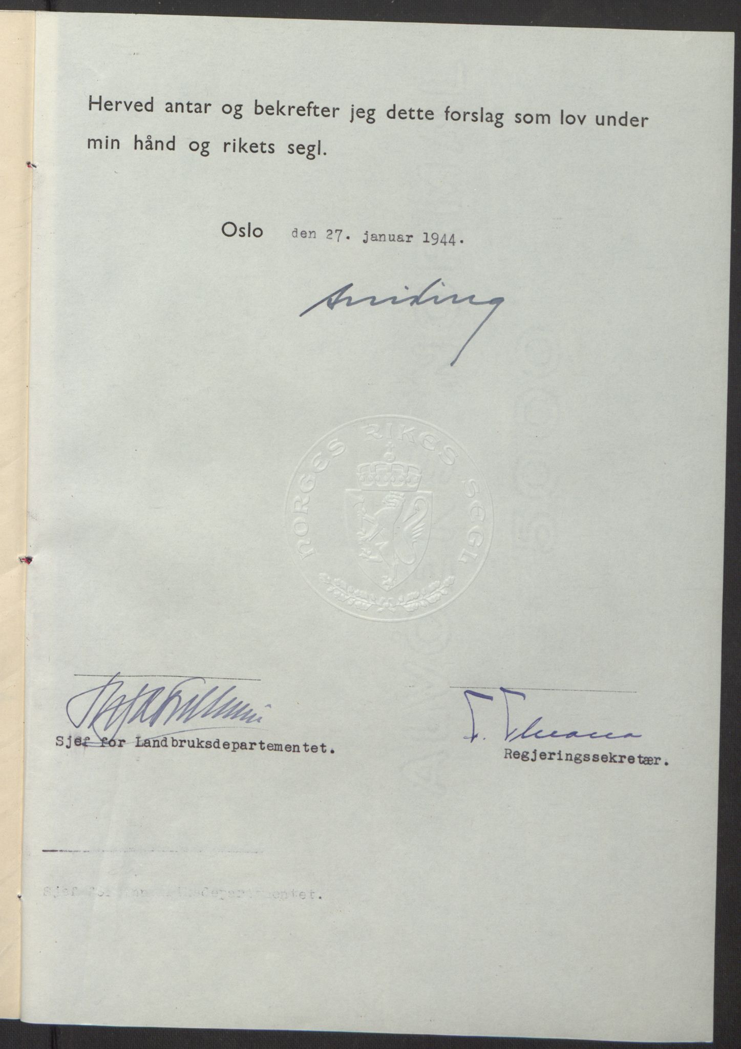 NS-administrasjonen 1940-1945 (Statsrådsekretariatet, de kommisariske statsråder mm), AV/RA-S-4279/D/Db/L0100: Lover, 1944, p. 51