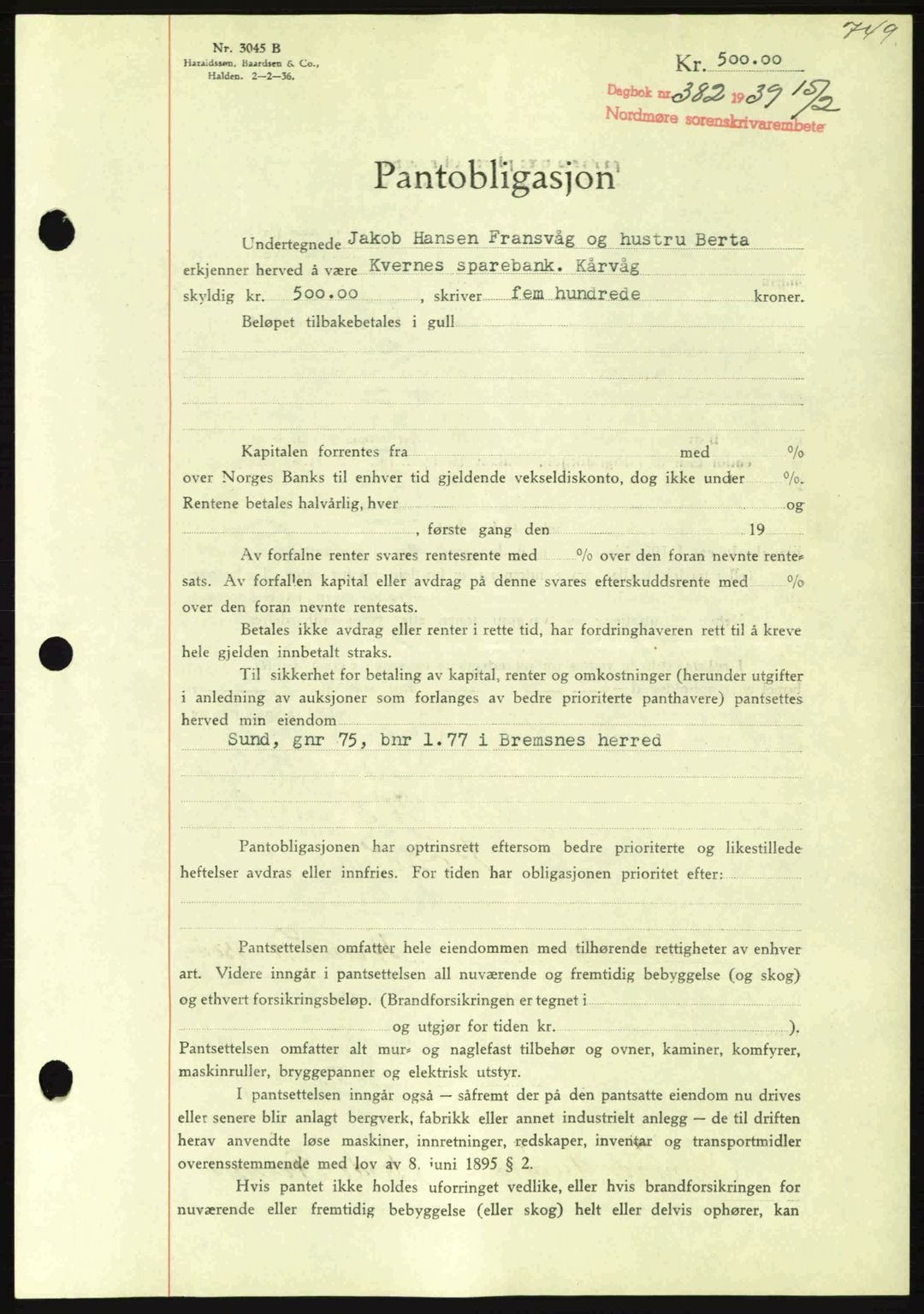 Nordmøre sorenskriveri, AV/SAT-A-4132/1/2/2Ca: Mortgage book no. B84, 1938-1939, Diary no: : 382/1939