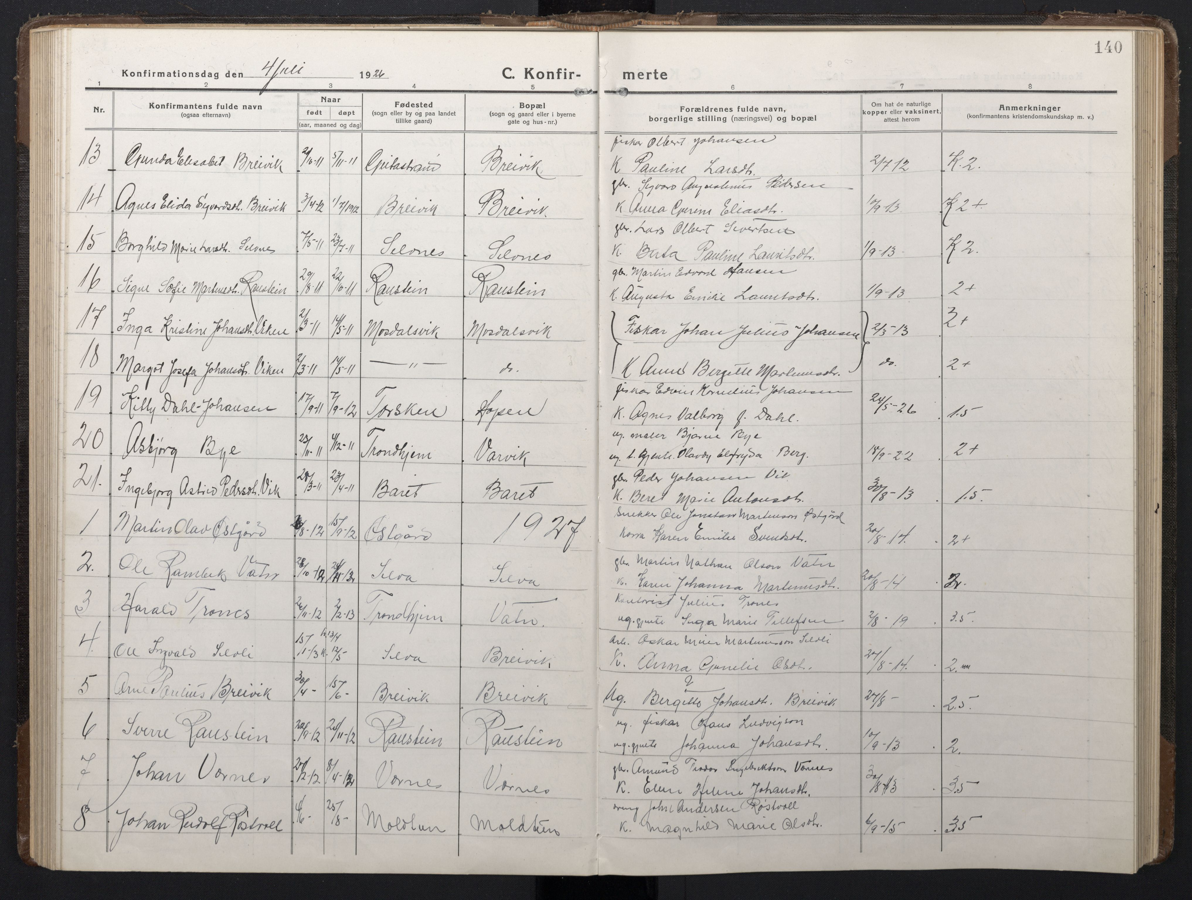Ministerialprotokoller, klokkerbøker og fødselsregistre - Sør-Trøndelag, SAT/A-1456/662/L0758: Parish register (copy) no. 662C03, 1918-1948, p. 140