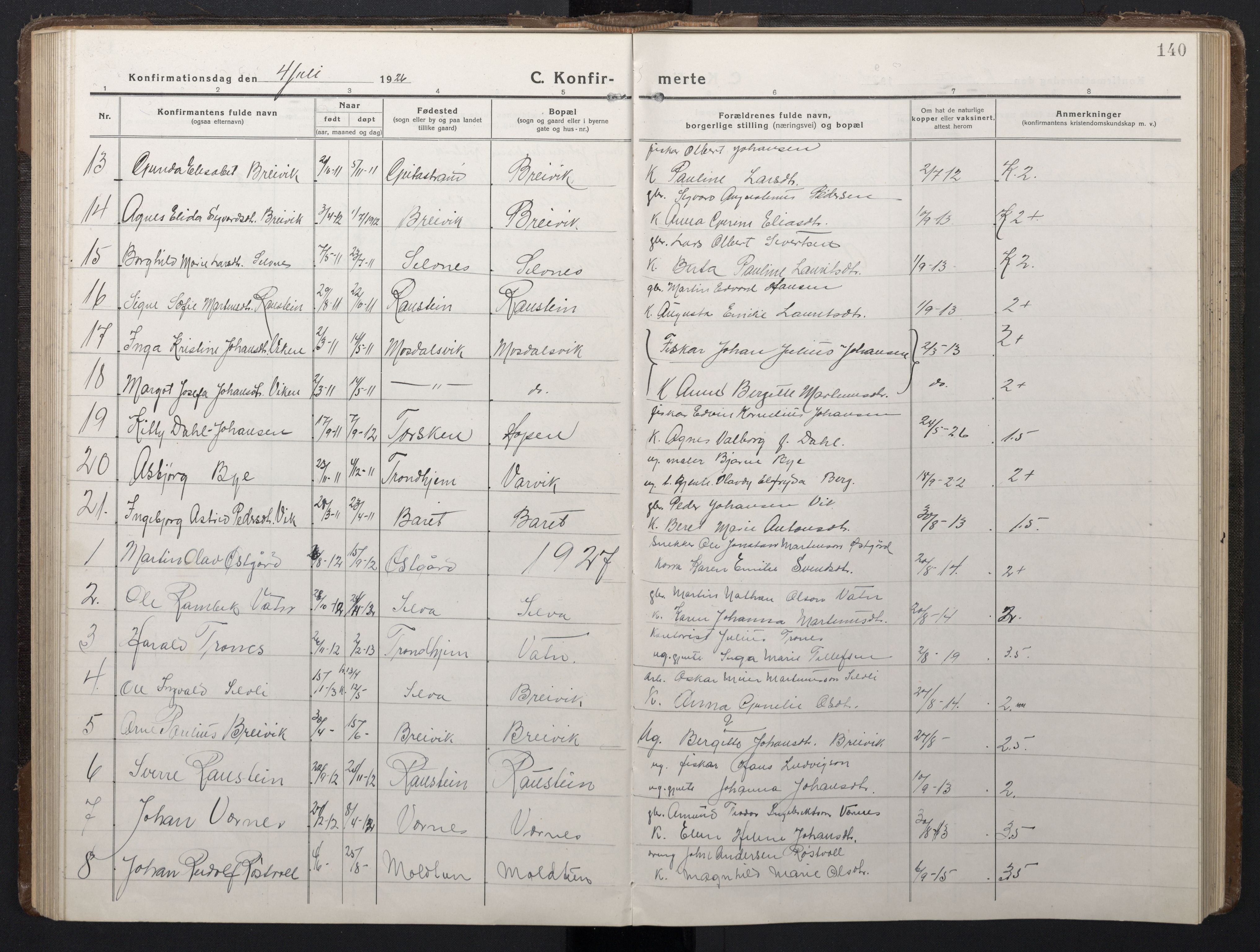 Ministerialprotokoller, klokkerbøker og fødselsregistre - Sør-Trøndelag, AV/SAT-A-1456/662/L0758: Parish register (copy) no. 662C03, 1918-1948, p. 140