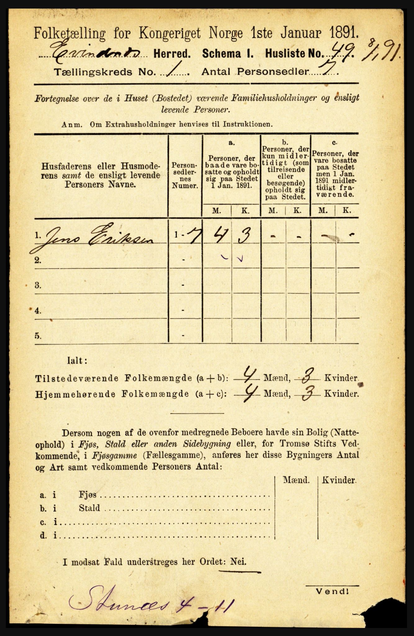 RA, 1891 census for 1853 Evenes, 1891, p. 77