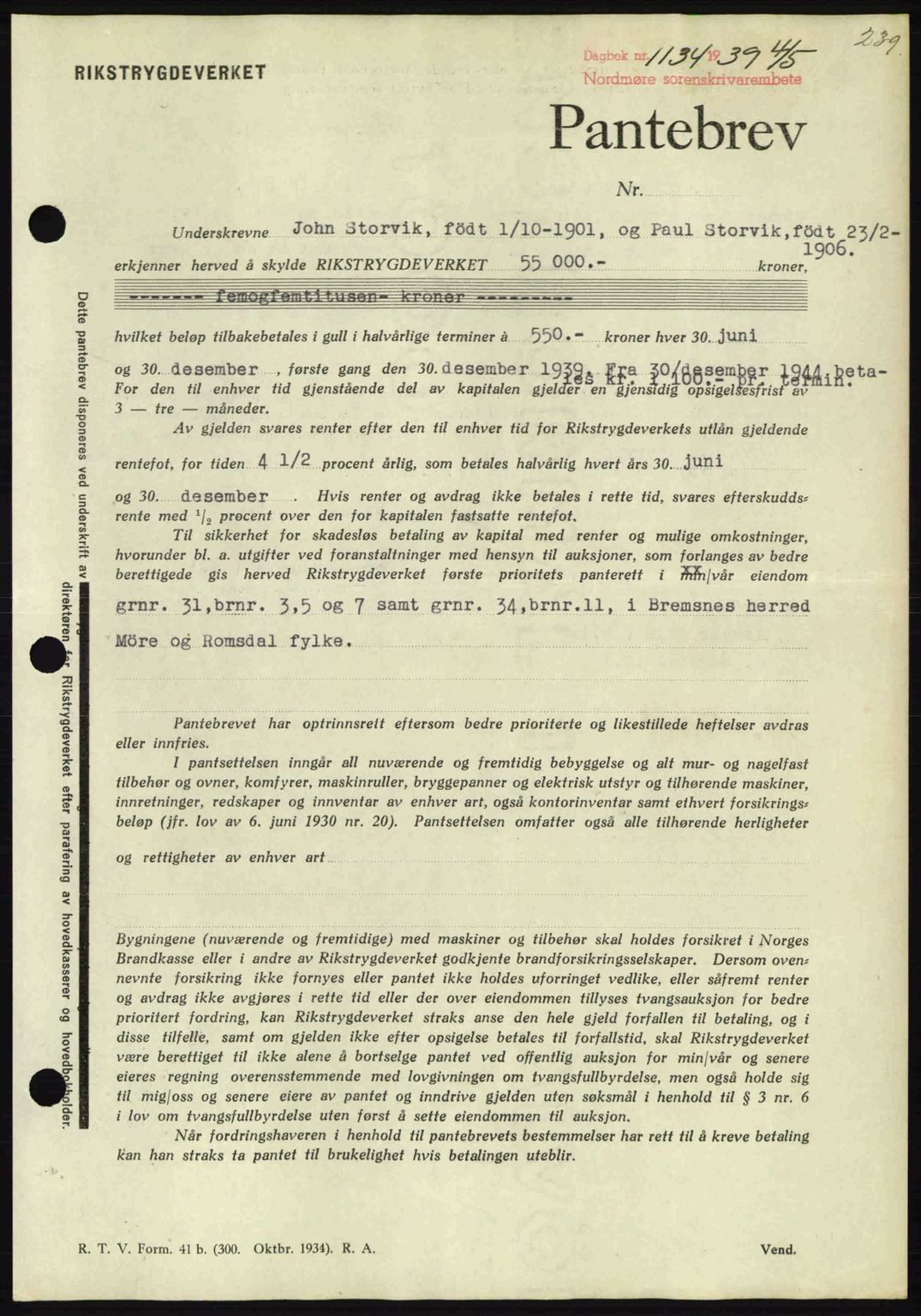 Nordmøre sorenskriveri, AV/SAT-A-4132/1/2/2Ca: Mortgage book no. B85, 1939-1939, Diary no: : 1134/1939