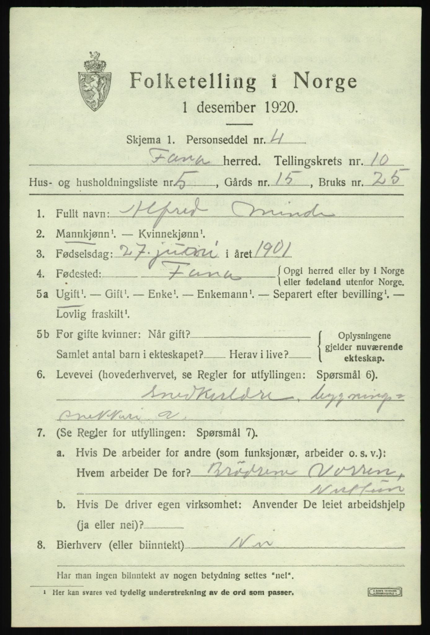 SAB, 1920 census for Fana, 1920, p. 16655
