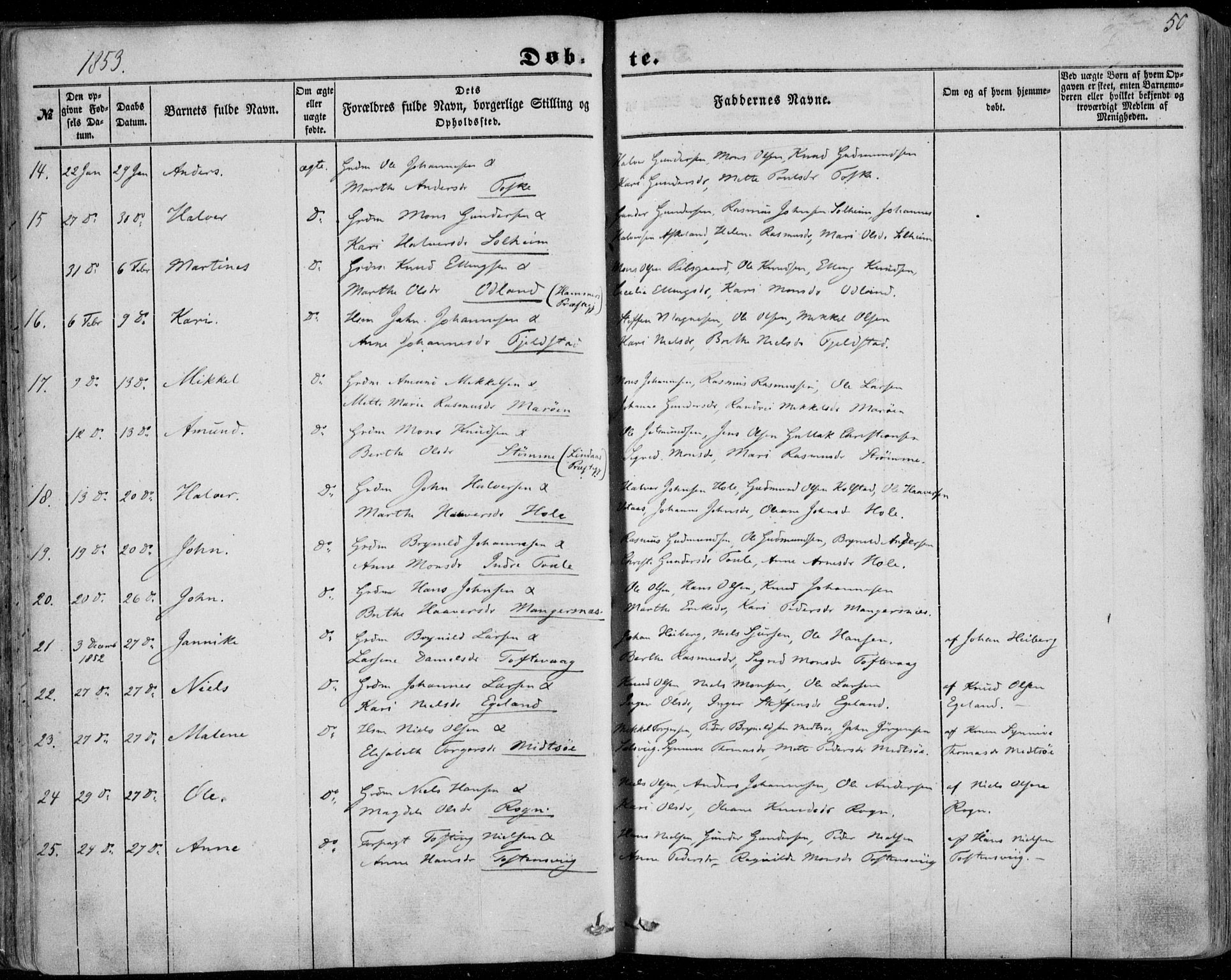 Manger sokneprestembete, AV/SAB-A-76801/H/Haa: Parish register (official) no. A 6, 1849-1859, p. 50