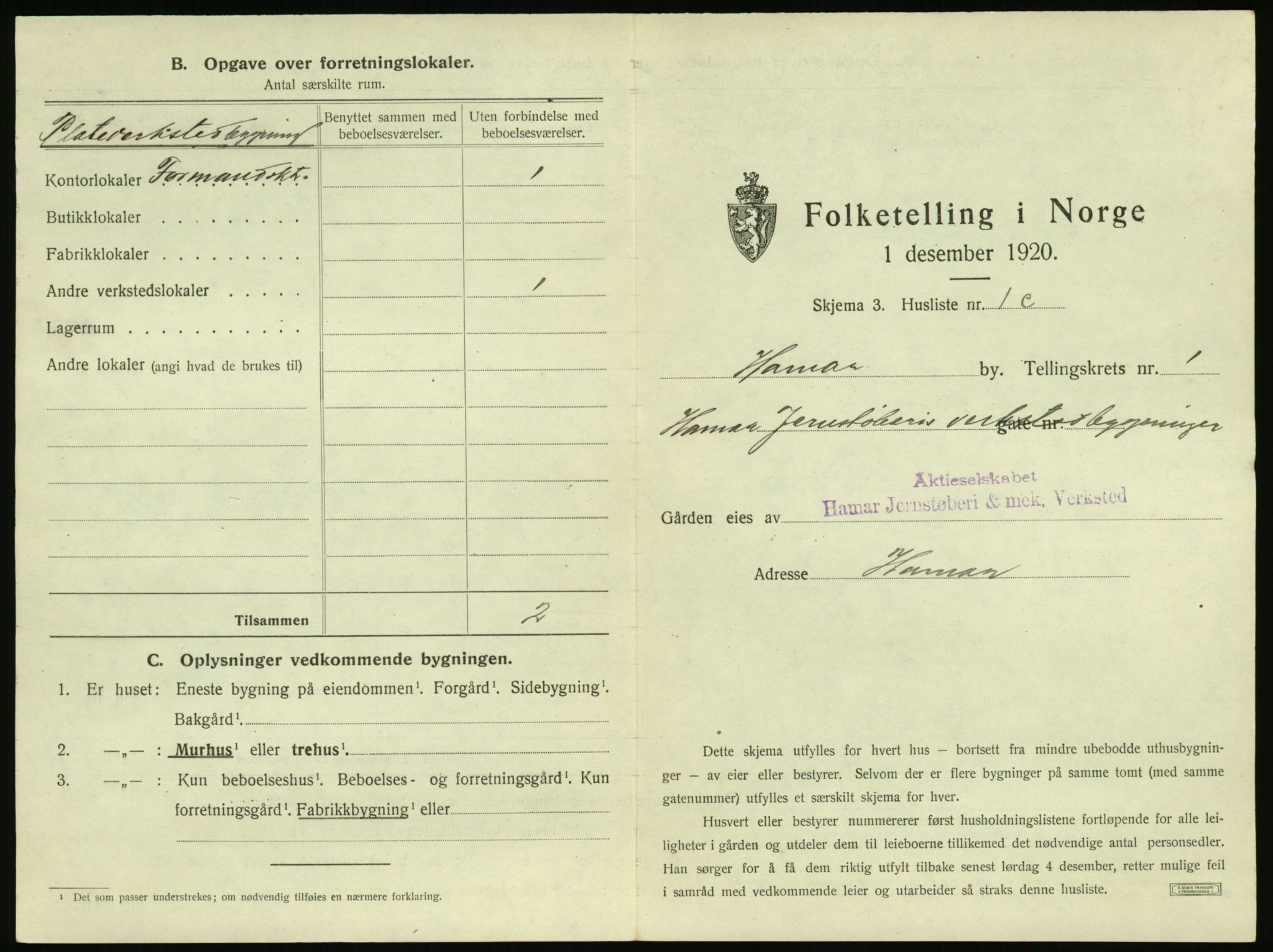 SAH, 1920 census for Hamar, 1920, p. 43