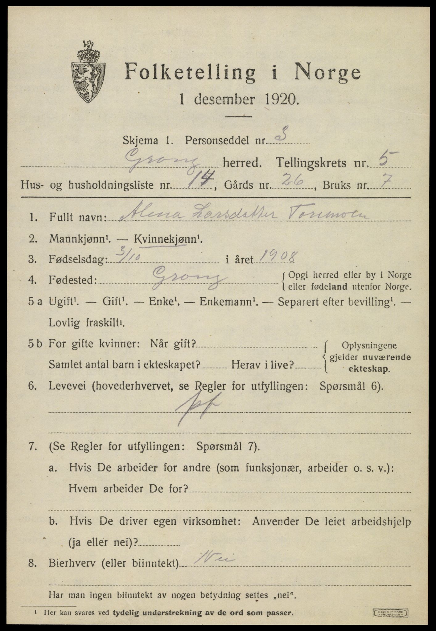 SAT, 1920 census for Grong, 1920, p. 3453