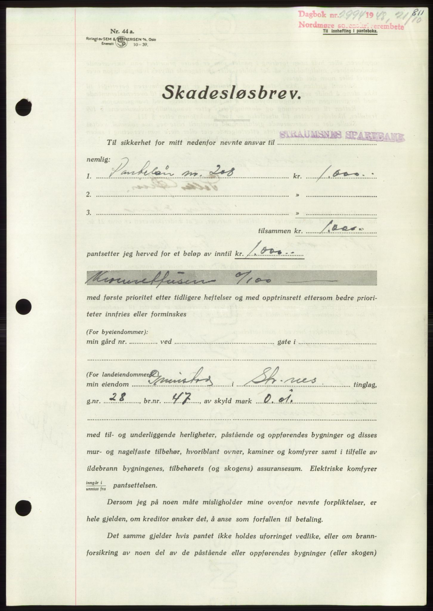 Nordmøre sorenskriveri, AV/SAT-A-4132/1/2/2Ca: Mortgage book no. B99, 1948-1948, Diary no: : 2994/1948