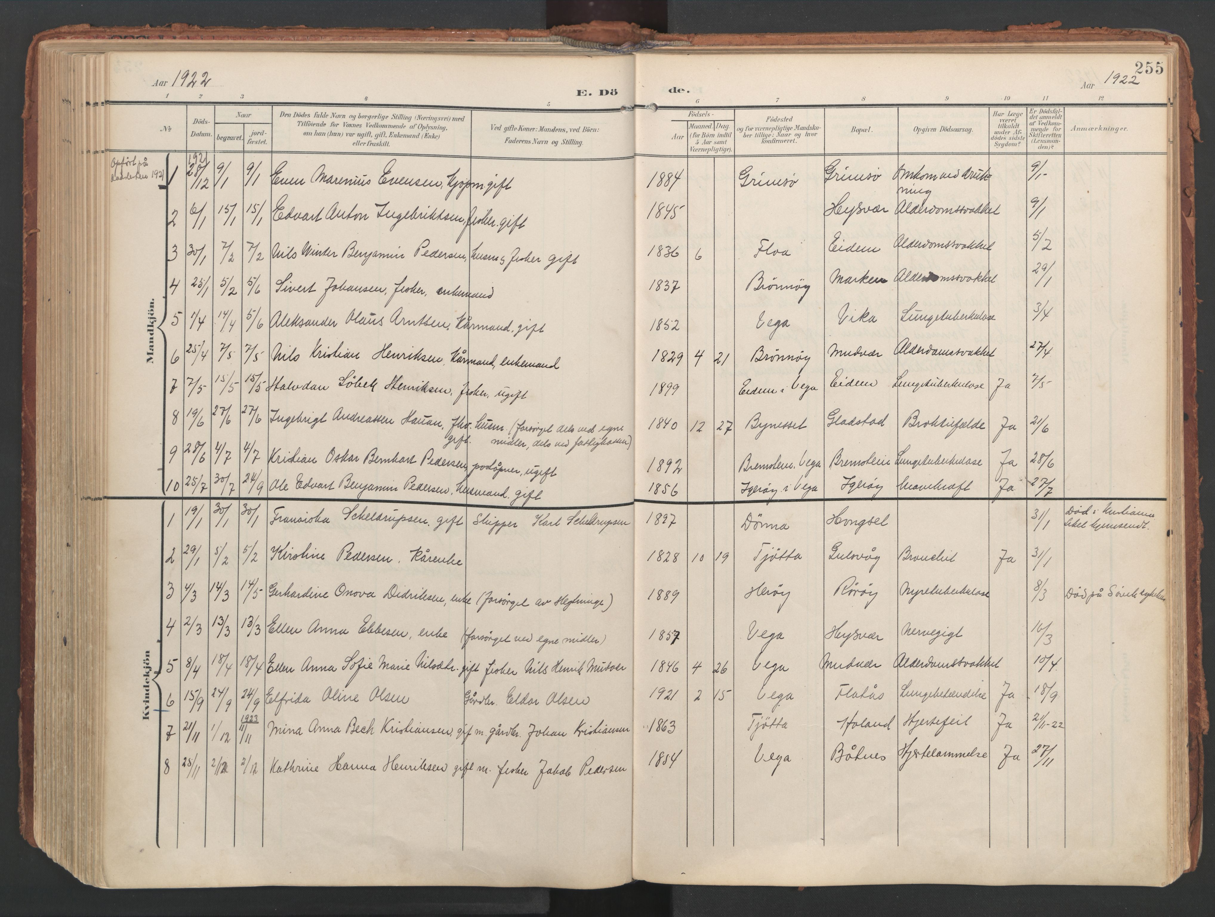 Ministerialprotokoller, klokkerbøker og fødselsregistre - Nordland, AV/SAT-A-1459/816/L0250: Parish register (official) no. 816A16, 1903-1923, p. 255