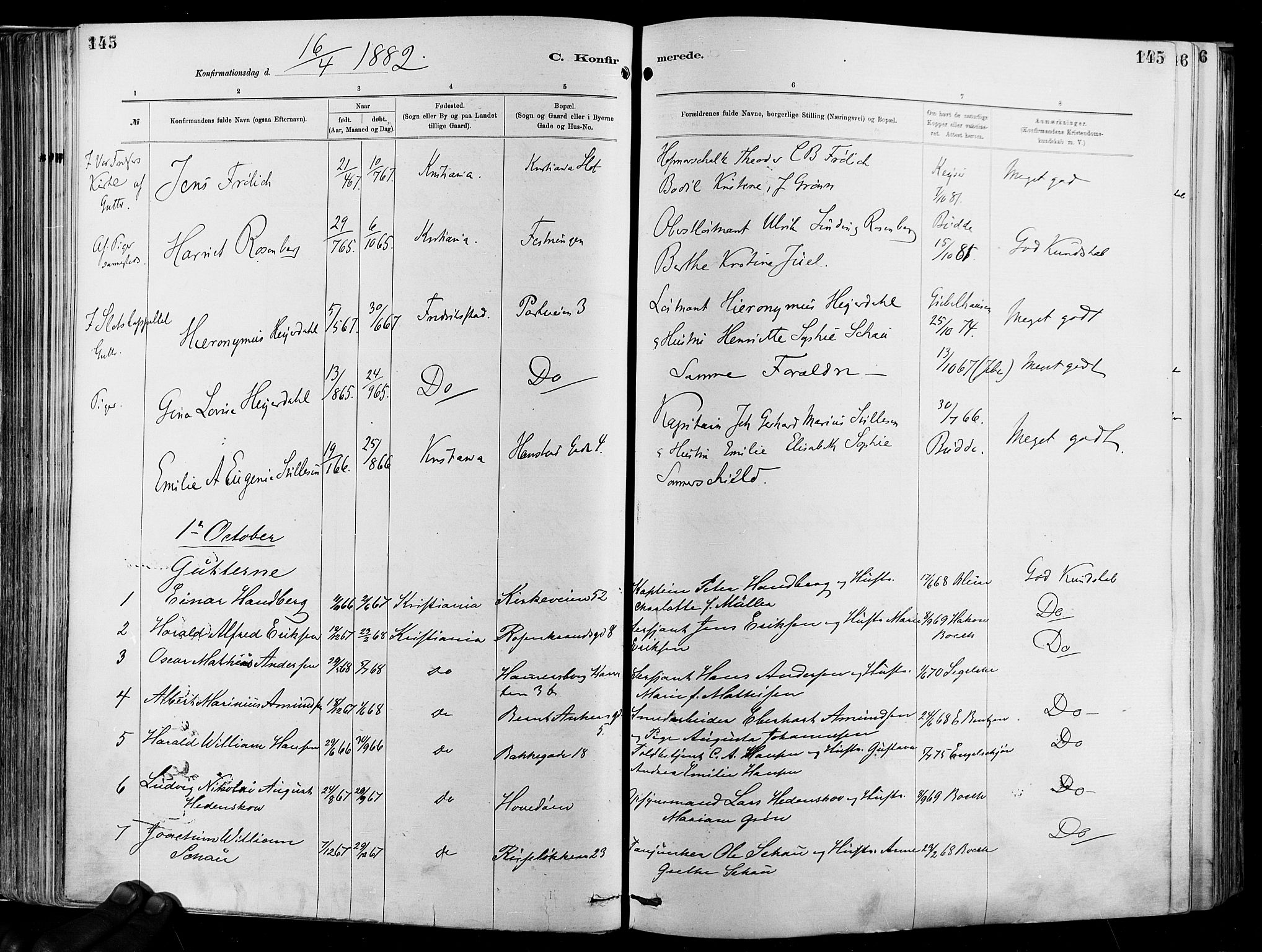 Garnisonsmenigheten Kirkebøker, AV/SAO-A-10846/F/Fa/L0012: Parish register (official) no. 12, 1880-1893, p. 145