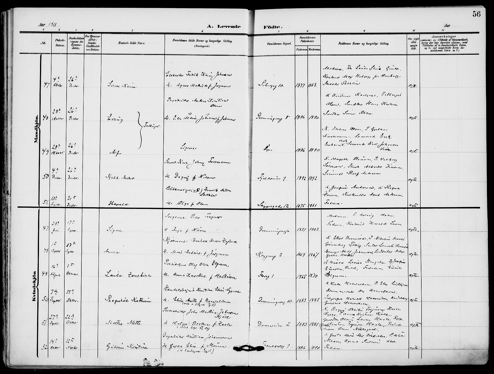 Sandefjord kirkebøker, AV/SAKO-A-315/F/Fa/L0005: Parish register (official) no. 5, 1906-1915, p. 56