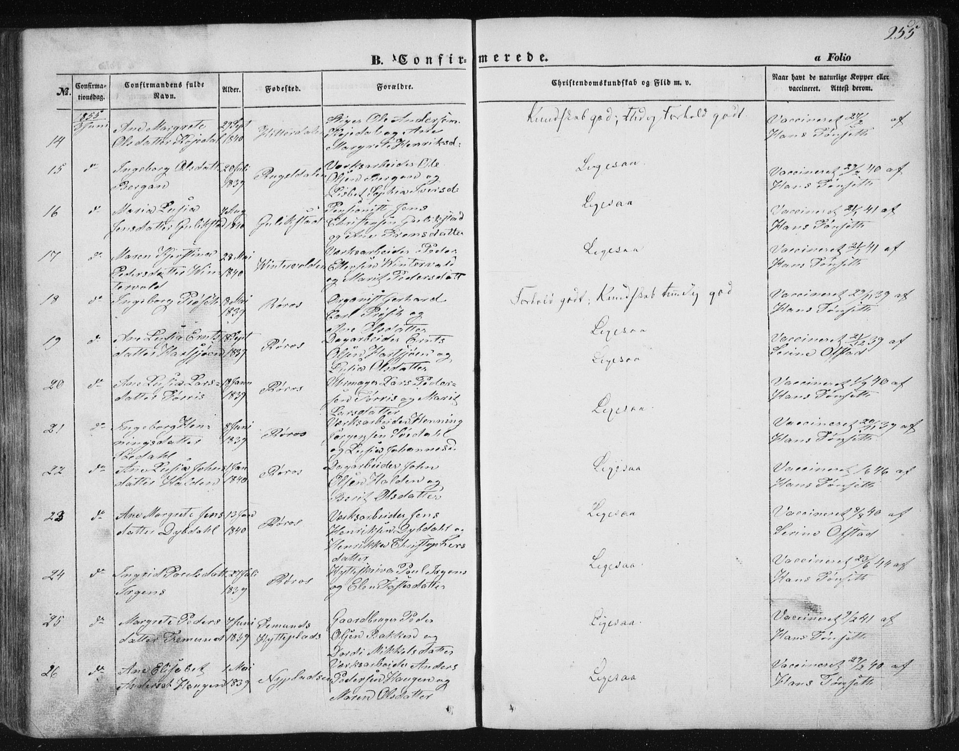 Ministerialprotokoller, klokkerbøker og fødselsregistre - Sør-Trøndelag, AV/SAT-A-1456/681/L0931: Parish register (official) no. 681A09, 1845-1859, p. 255