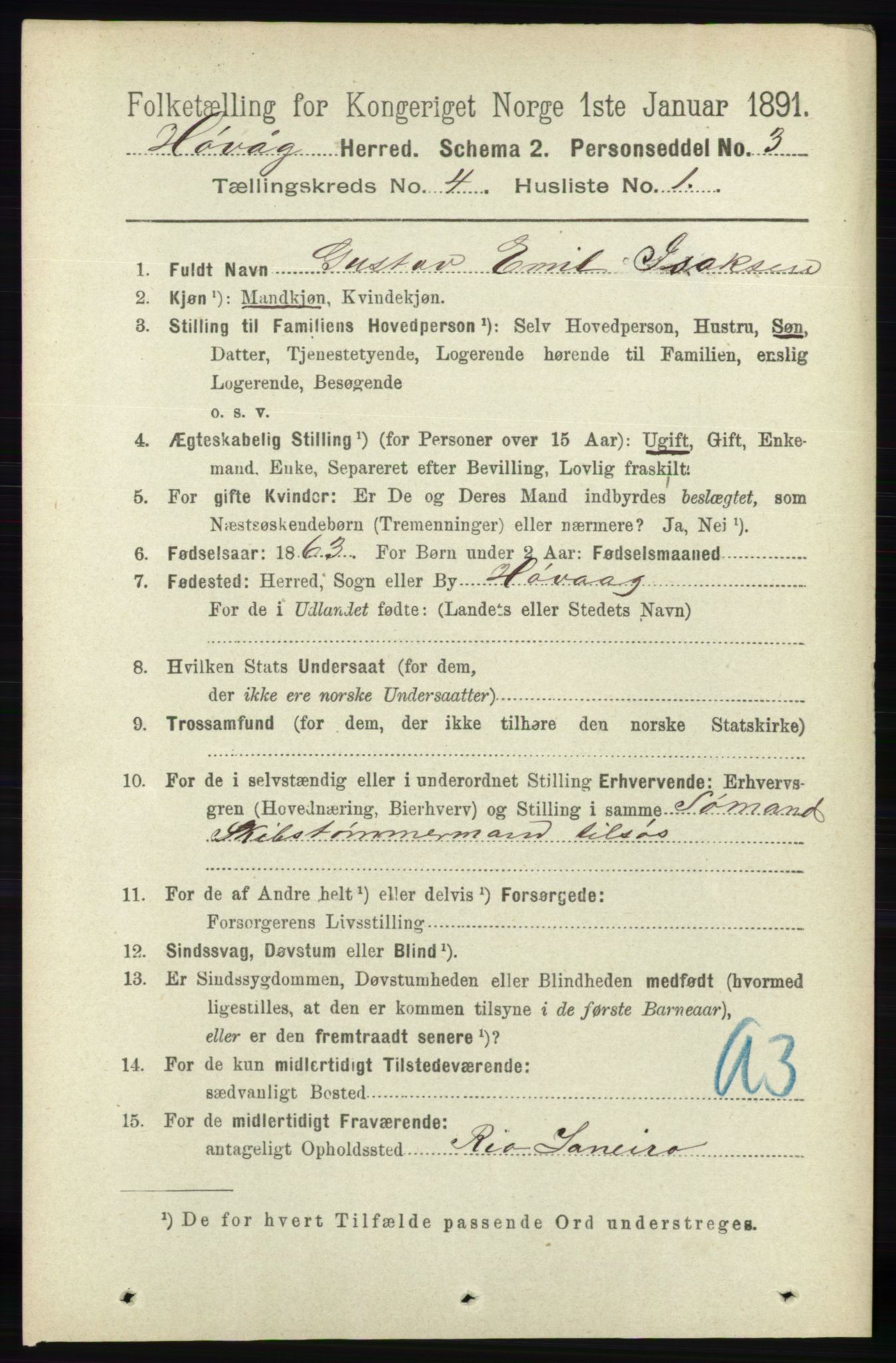 RA, 1891 census for 0927 Høvåg, 1891, p. 1511