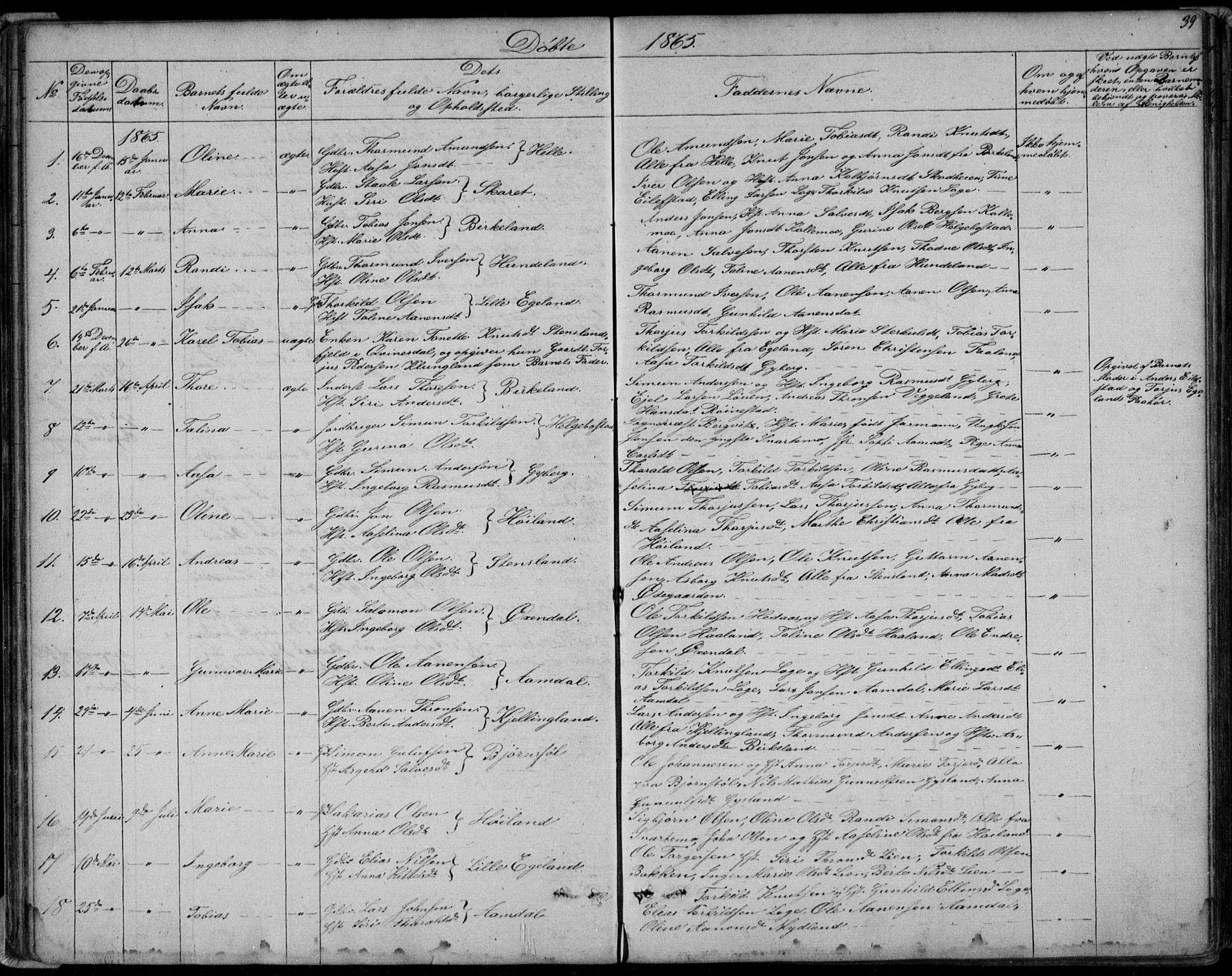 Hægebostad sokneprestkontor, SAK/1111-0024/F/Fb/Fba/L0002: Parish register (copy) no. B 2, 1851-1882, p. 39