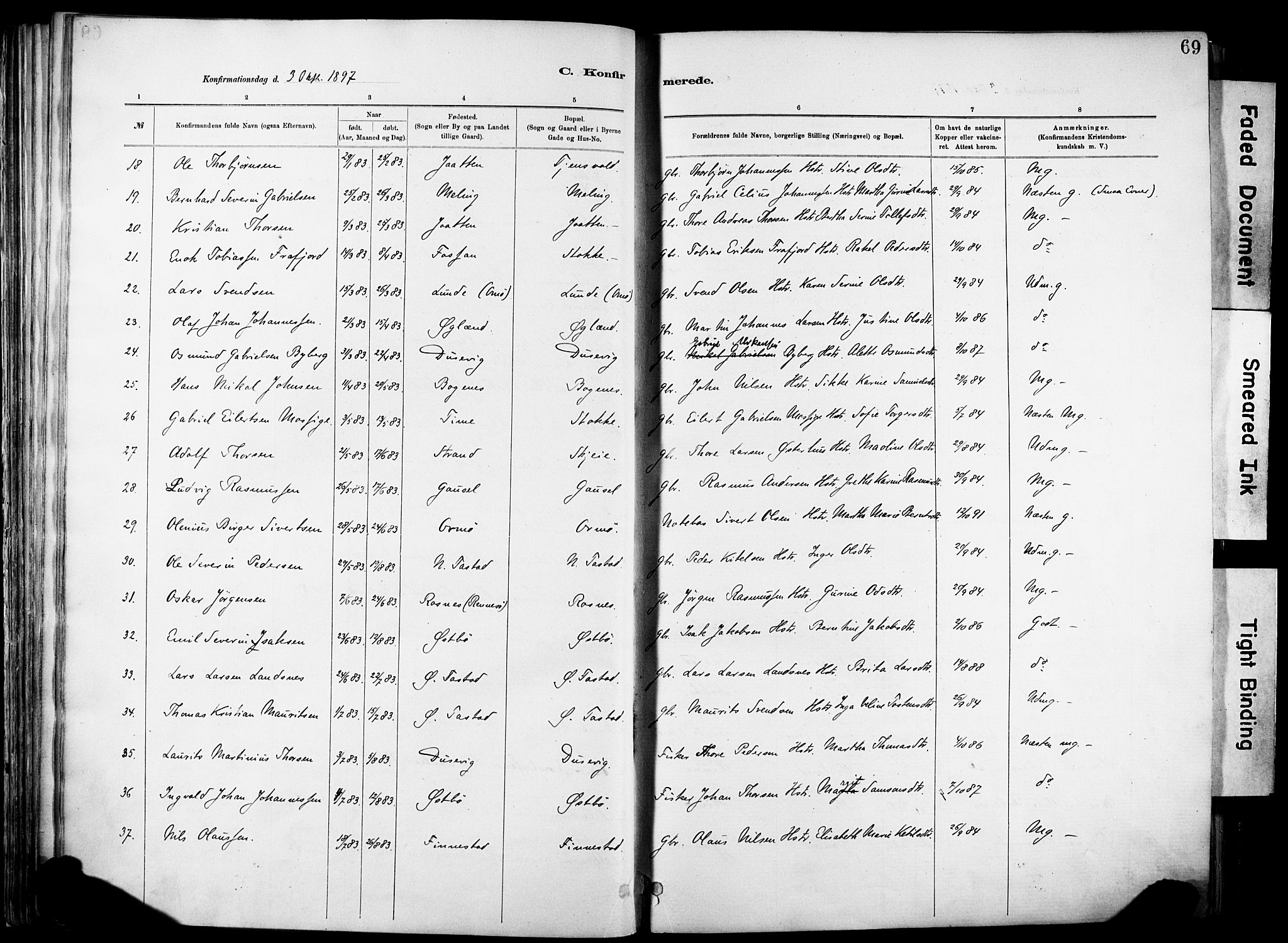 Hetland sokneprestkontor, SAST/A-101826/30/30BA/L0012: Parish register (official) no. A 12, 1882-1912, p. 69