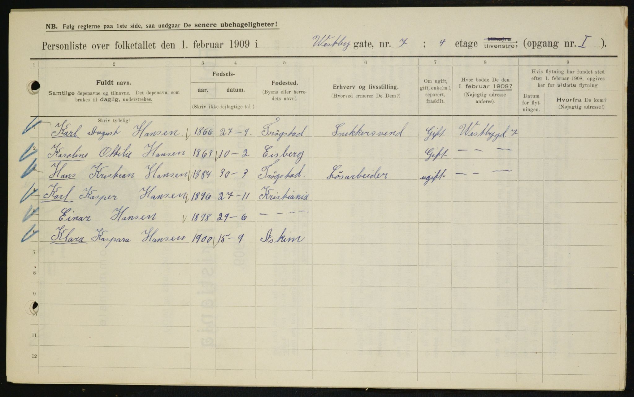 OBA, Municipal Census 1909 for Kristiania, 1909, p. 90511