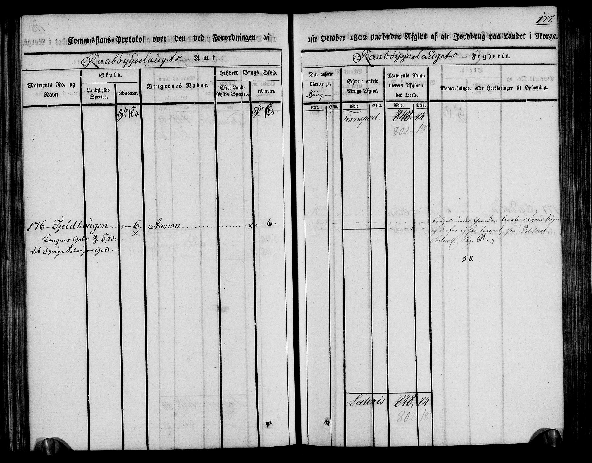 Rentekammeret inntil 1814, Realistisk ordnet avdeling, AV/RA-EA-4070/N/Ne/Nea/L0084: Råbyggelag fogderi. Kommisjonsprotokoll for Vestre Råbyggelagets sorenskriveri, 1803, p. 179