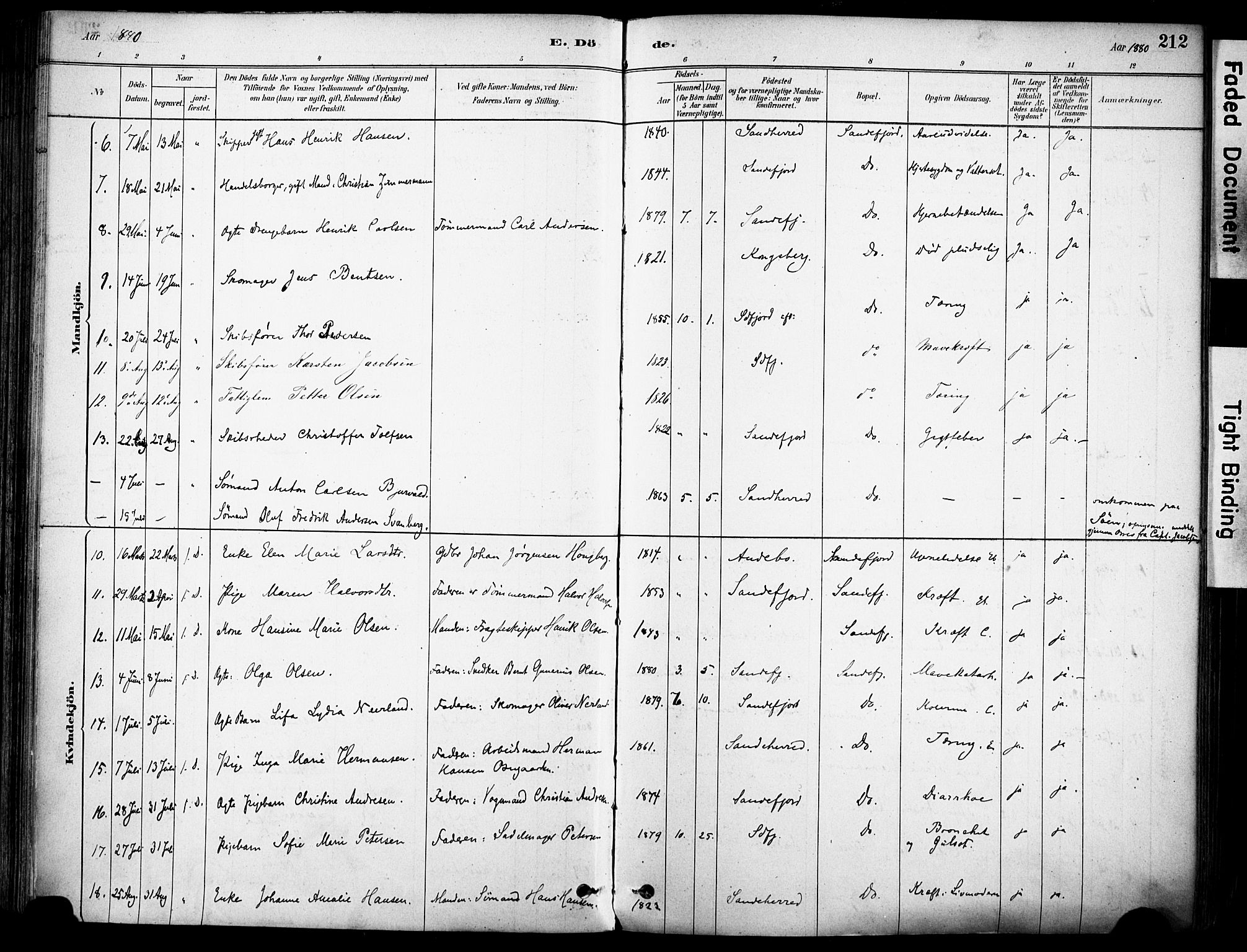 Sandefjord kirkebøker, SAKO/A-315/F/Fa/L0002: Parish register (official) no. 2, 1880-1894, p. 212