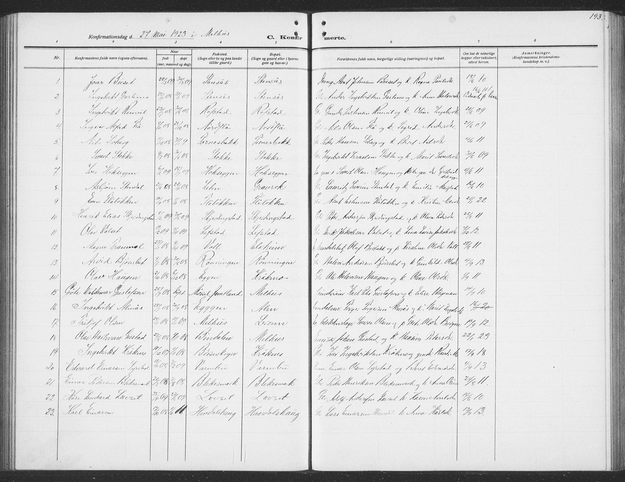 Ministerialprotokoller, klokkerbøker og fødselsregistre - Sør-Trøndelag, SAT/A-1456/691/L1095: Parish register (copy) no. 691C06, 1912-1933, p. 193