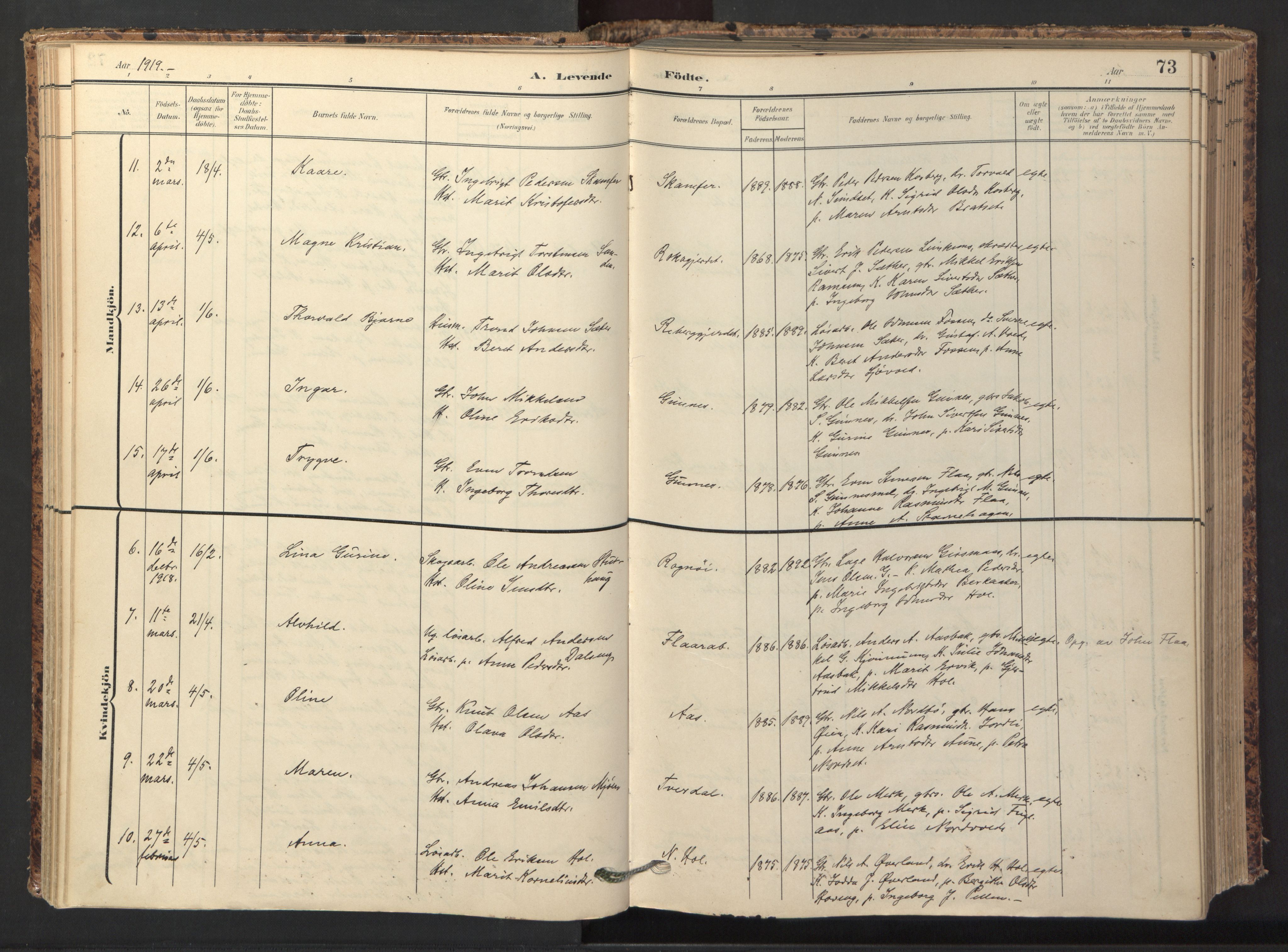 Ministerialprotokoller, klokkerbøker og fødselsregistre - Sør-Trøndelag, AV/SAT-A-1456/674/L0873: Parish register (official) no. 674A05, 1908-1923, p. 73