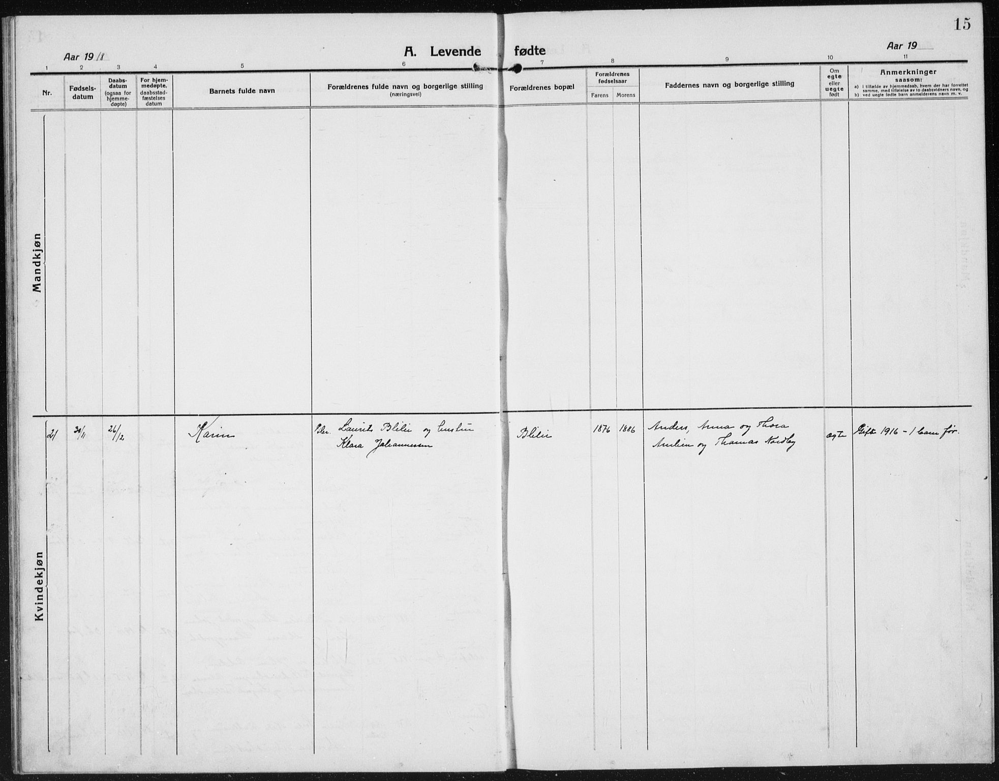 Kolbu prestekontor, SAH/PREST-110/H/Ha/Hab/L0006: Parish register (copy) no. 6, 1916-1934, p. 15