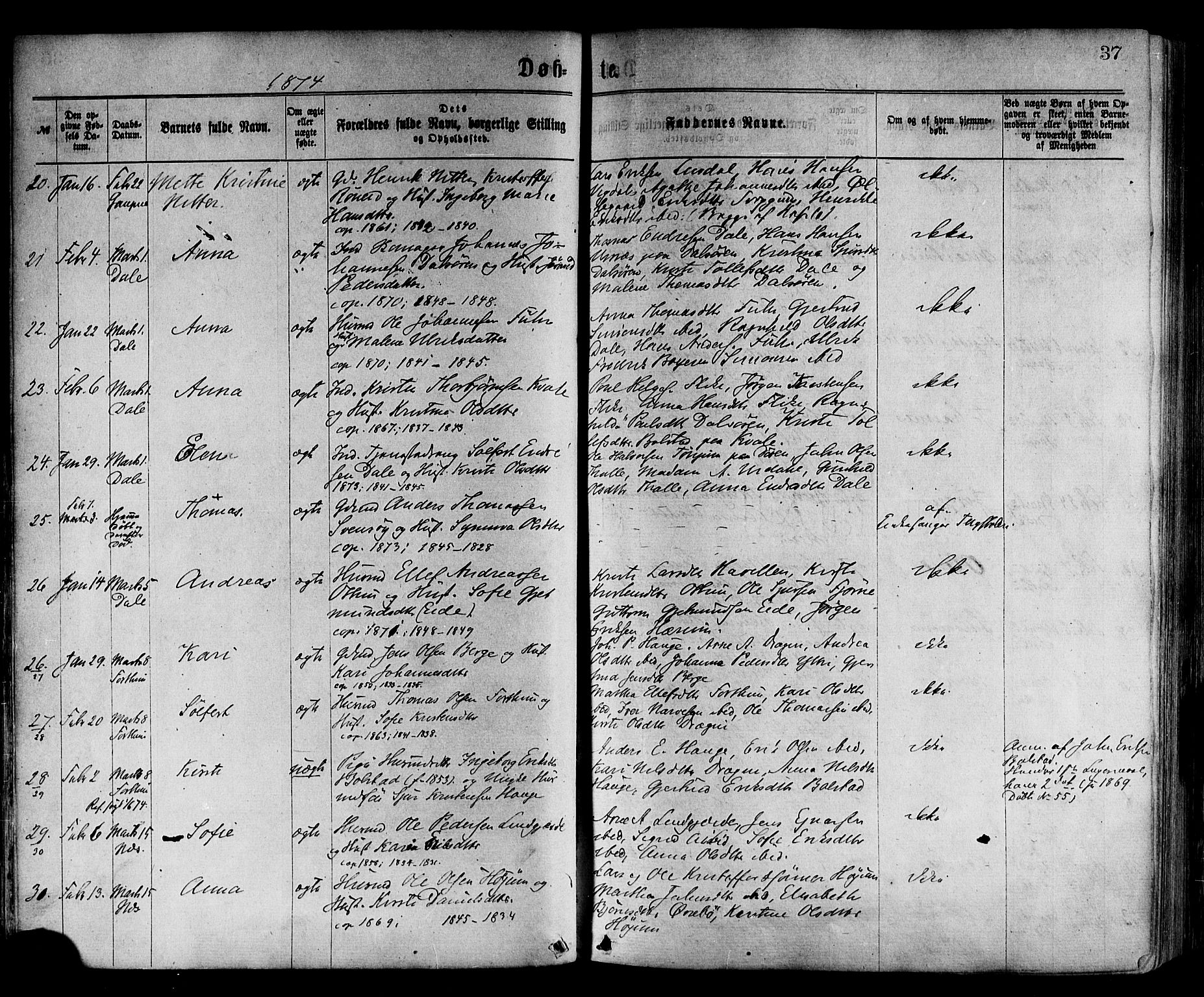 Luster sokneprestembete, AV/SAB-A-81101/H/Haa/Haaa/L0010: Parish register (official) no. A 10, 1871-1886, p. 37