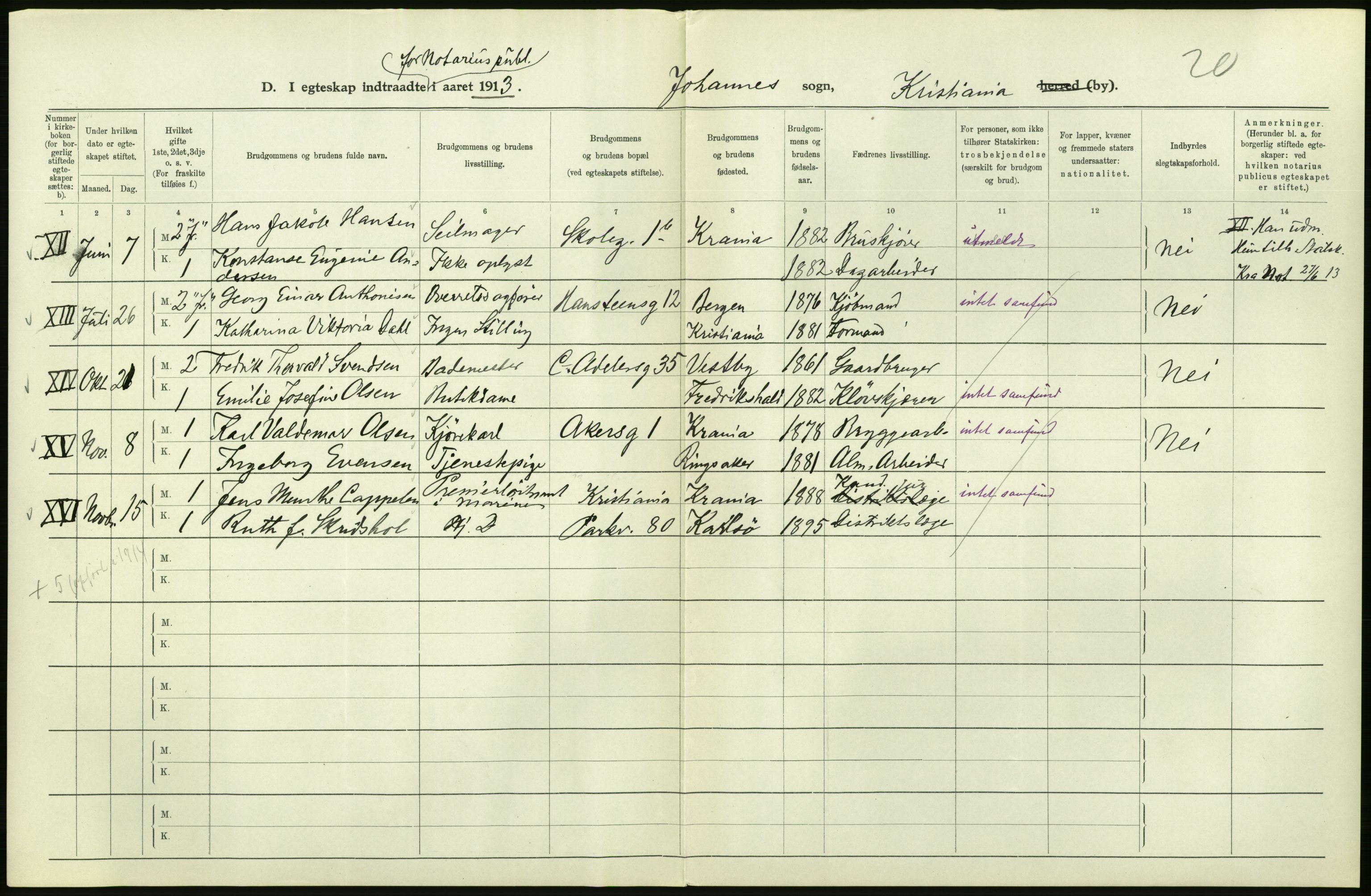 Statistisk sentralbyrå, Sosiodemografiske emner, Befolkning, AV/RA-S-2228/D/Df/Dfb/Dfbc/L0008: Kristiania: Gifte., 1913, p. 714