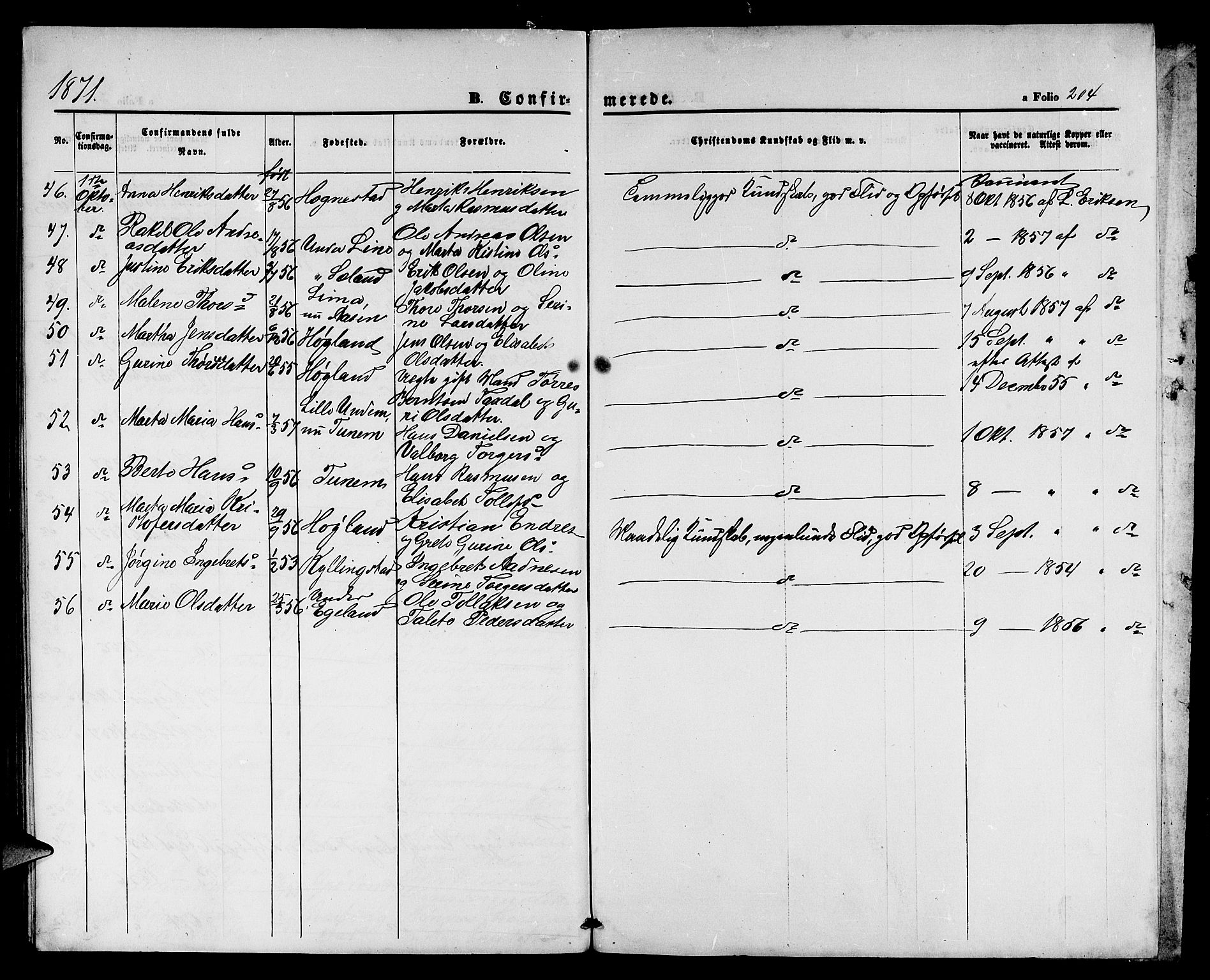 Lye sokneprestkontor, SAST/A-101794/001/30BB/L0004: Parish register (copy) no. B 4, 1868-1878, p. 204