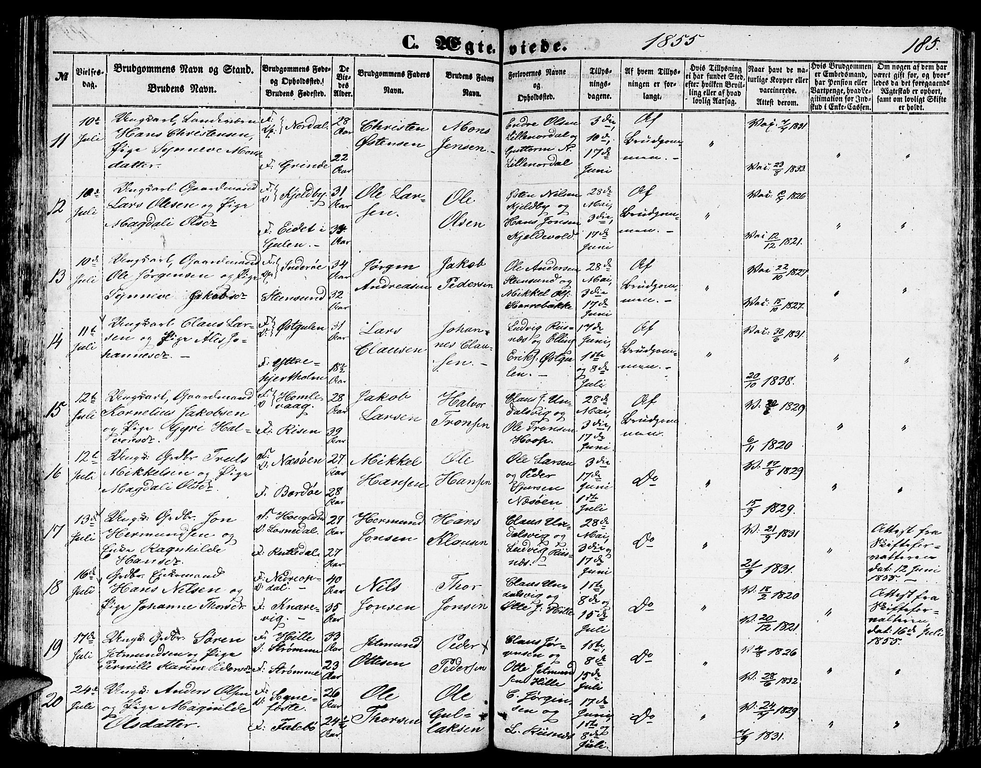 Gulen sokneprestembete, SAB/A-80201/H/Hab/Habb/L0001: Parish register (copy) no. B 1, 1854-1866, p. 185