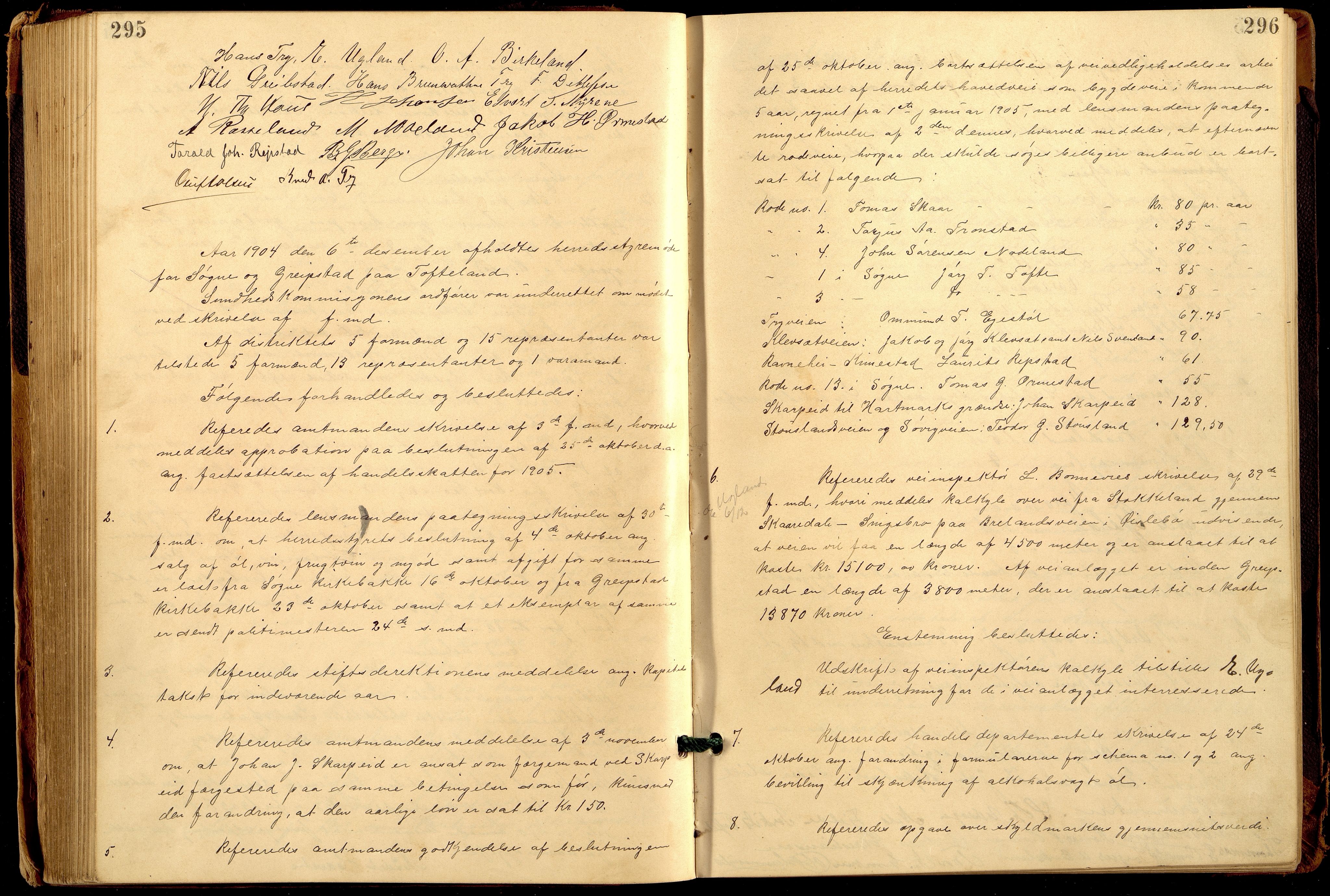 Søgne og Greipstad kommune - Formannskapet, ARKSOR/1018SG120/A/L0006: Møtebok (d), 1901-1909, p. 295-296