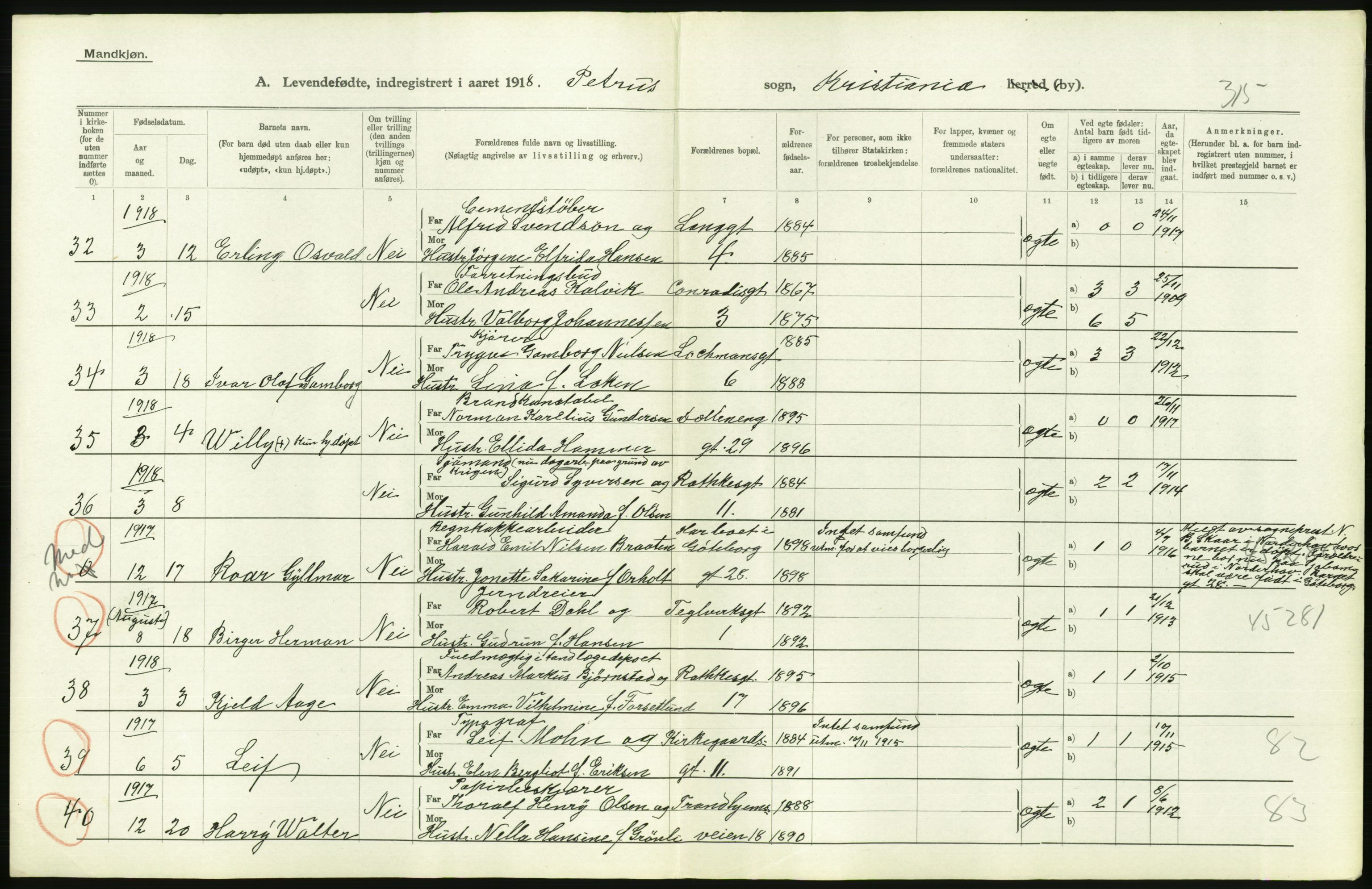 Statistisk sentralbyrå, Sosiodemografiske emner, Befolkning, AV/RA-S-2228/D/Df/Dfb/Dfbh/L0008: Kristiania: Levendefødte menn og kvinner., 1918, p. 592