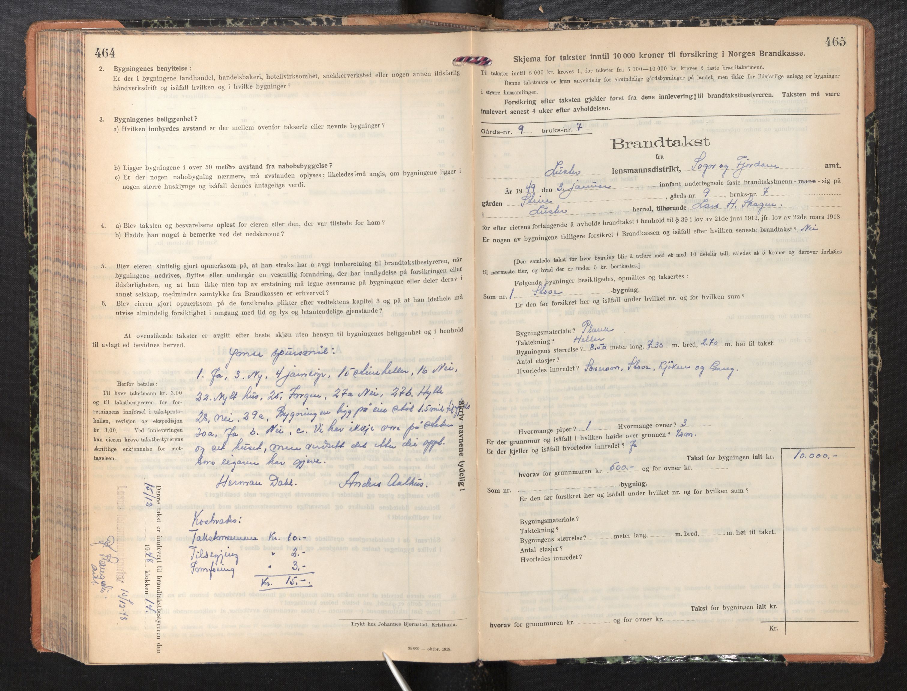 Lensmannen i Luster, SAB/A-29301/0012/L0008: Branntakstprotokoll, skjematakst, 1935-1949, p. 464-465