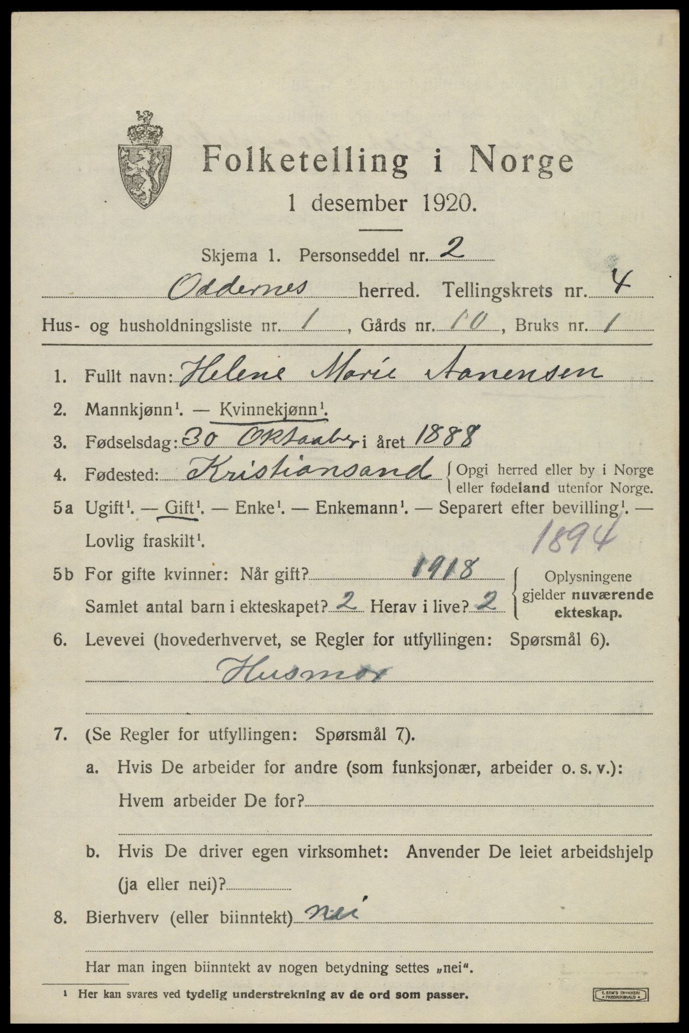 SAK, 1920 census for Oddernes, 1920, p. 4061