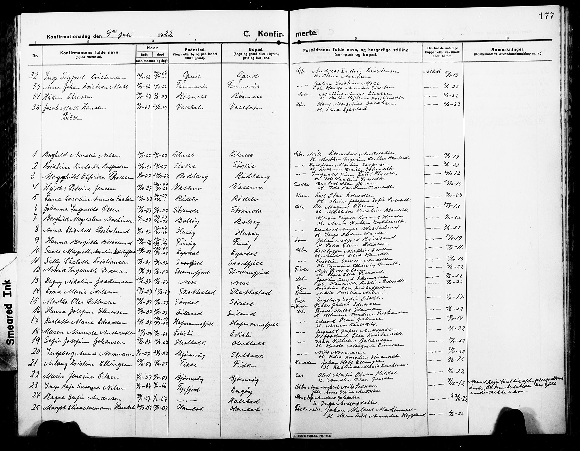 Ministerialprotokoller, klokkerbøker og fødselsregistre - Nordland, AV/SAT-A-1459/859/L0861: Parish register (copy) no. 859C07, 1910-1925, p. 177