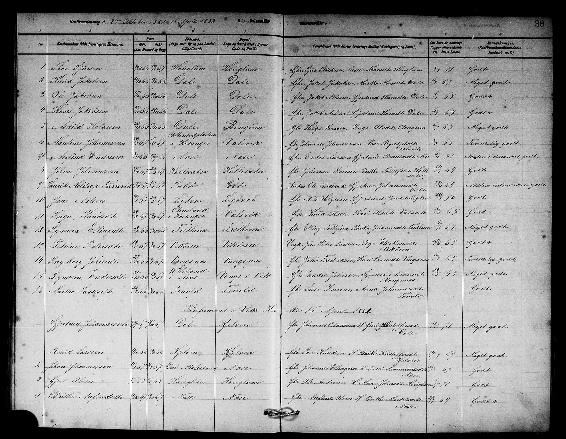 Vik sokneprestembete, SAB/A-81501: Parish register (copy) no. B 2, 1878-1893, p. 38