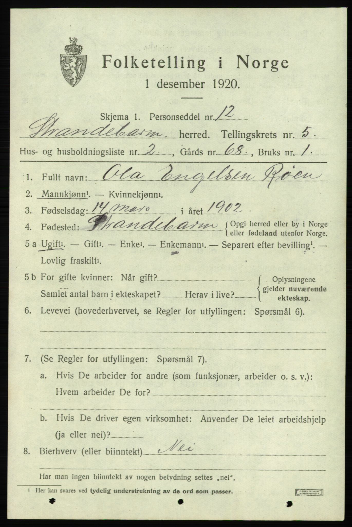 SAB, 1920 census for Strandebarm, 1920, p. 3790