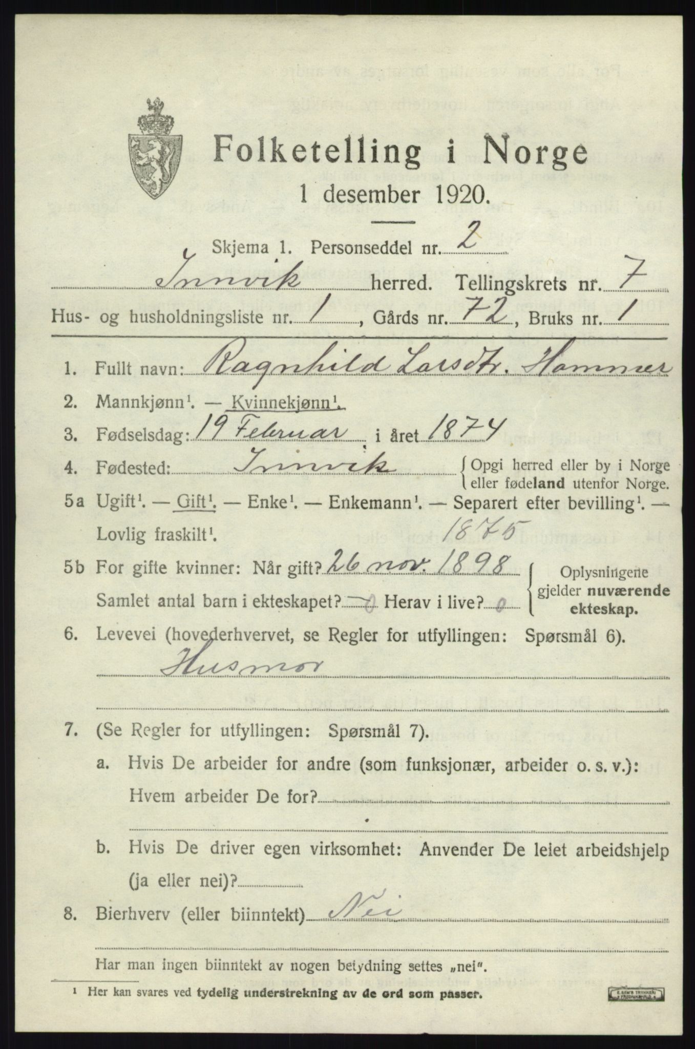 SAB, 1920 census for Innvik, 1920, p. 3149