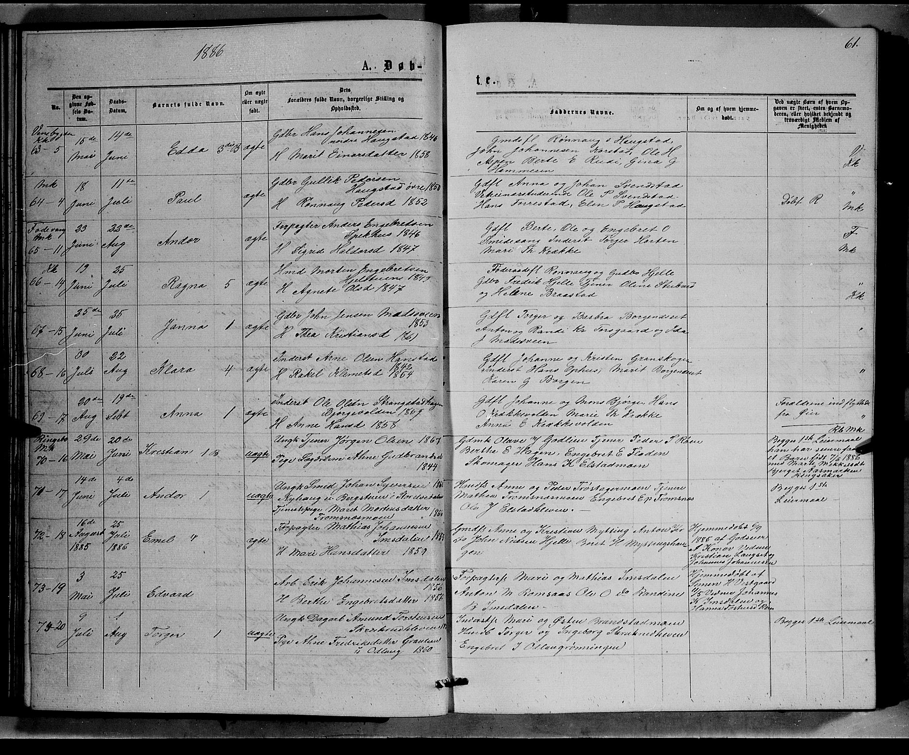 Ringebu prestekontor, AV/SAH-PREST-082/H/Ha/Hab/L0006: Parish register (copy) no. 6, 1880-1898, p. 61